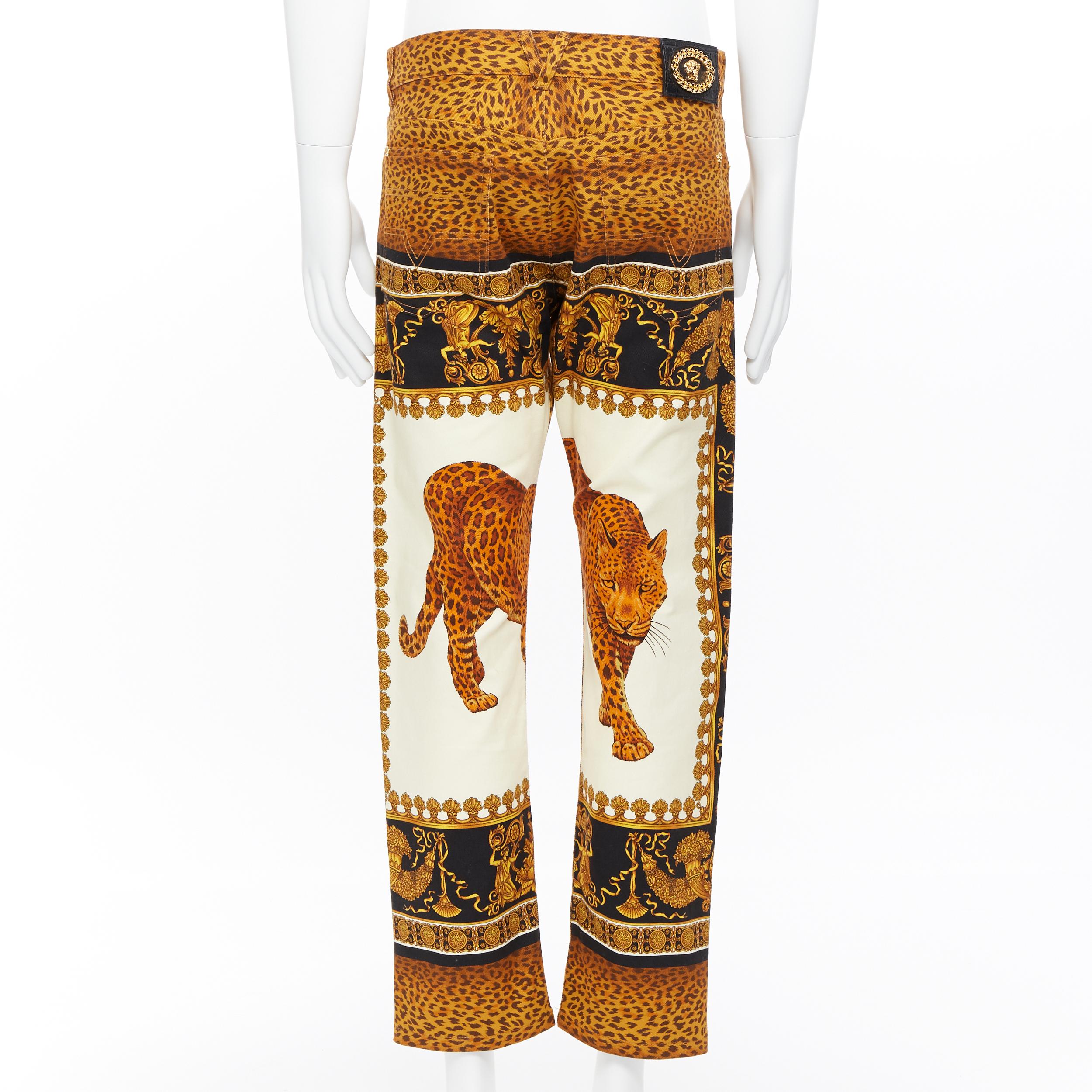new VERSACE AW18 Runway Wild Leopard printed denim 5-pocket straight jeans 34