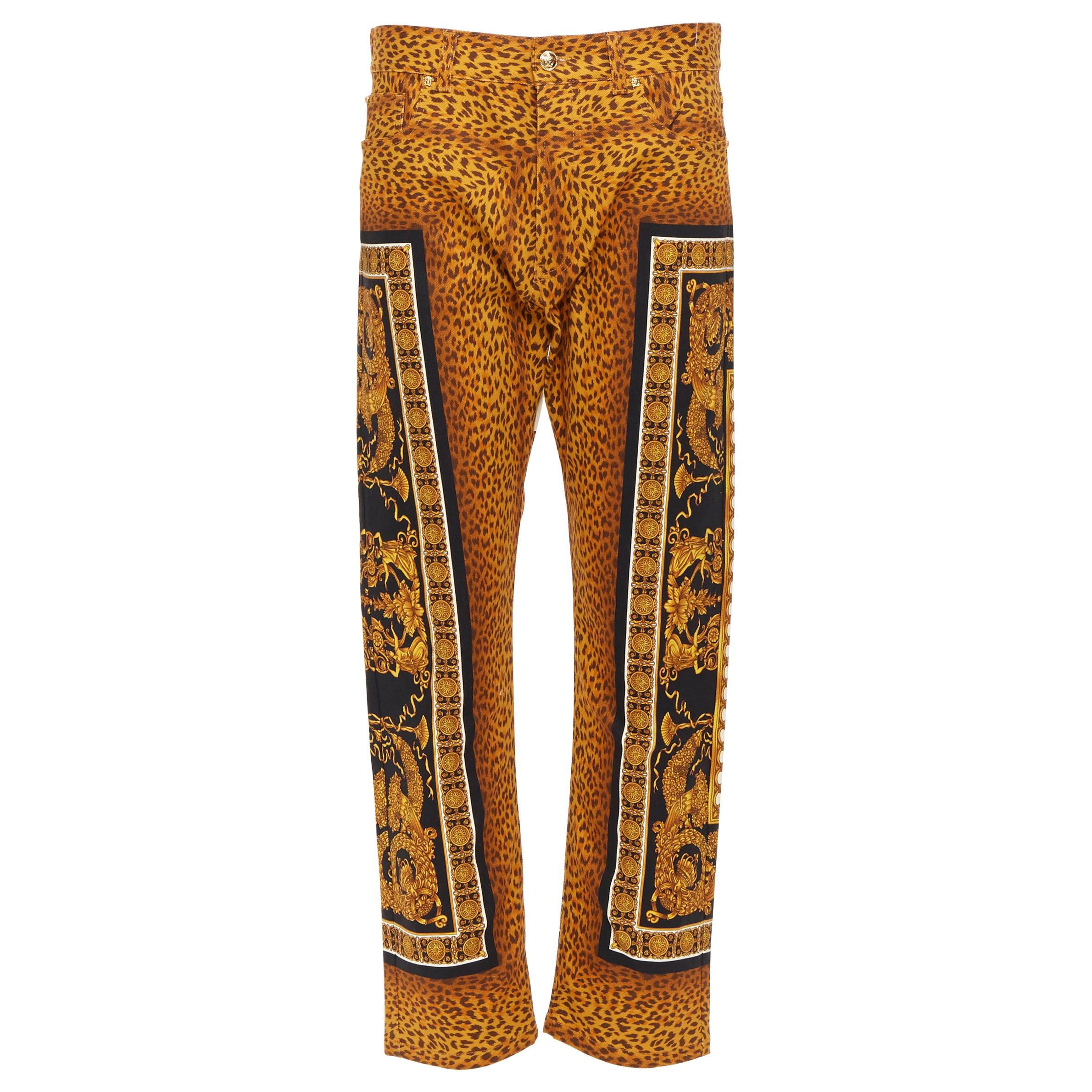 new VERSACE AW18 Runway Wild Leopard printed denim 5-pocket straight jeans 34"