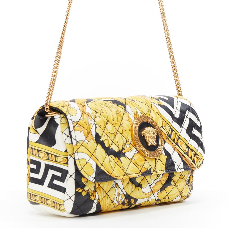 new VERSACE AW19 black white Greca gold baroque print quilted leather ...
