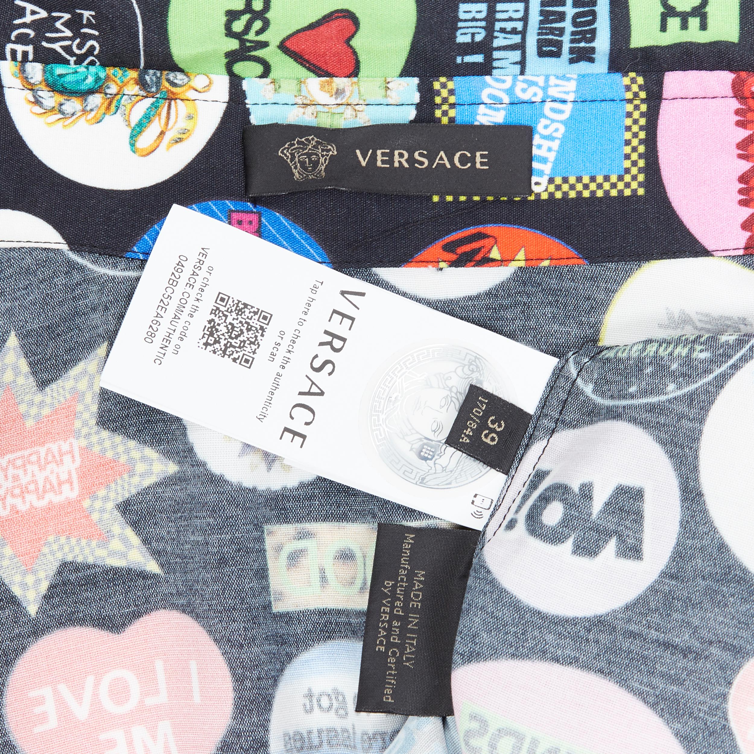new VERSACE AW19 Mad About Versace badge slogan print black 100% silk shirt EU39 5
