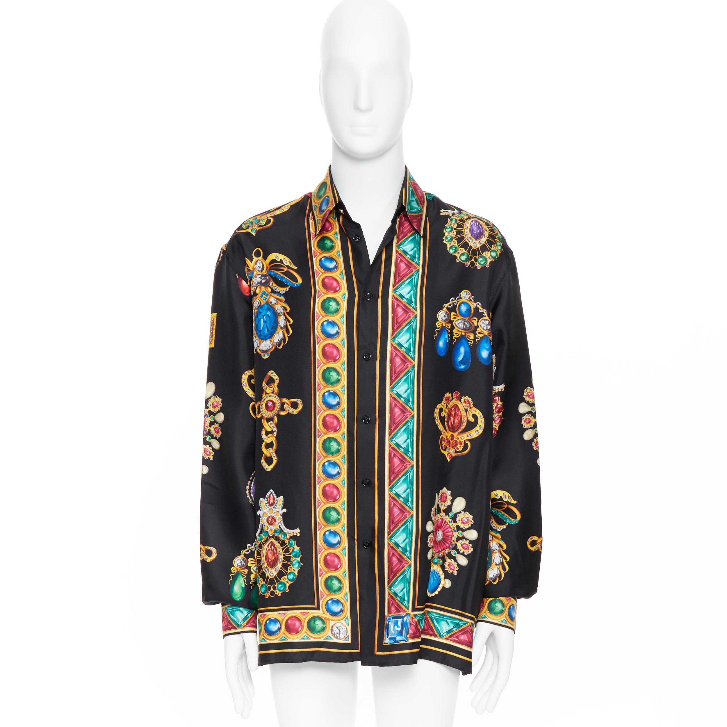 nuevo VERSACE AW19 Pasarela 100% seda negro vintage estampado joya Medusa camisa EU41 Negro