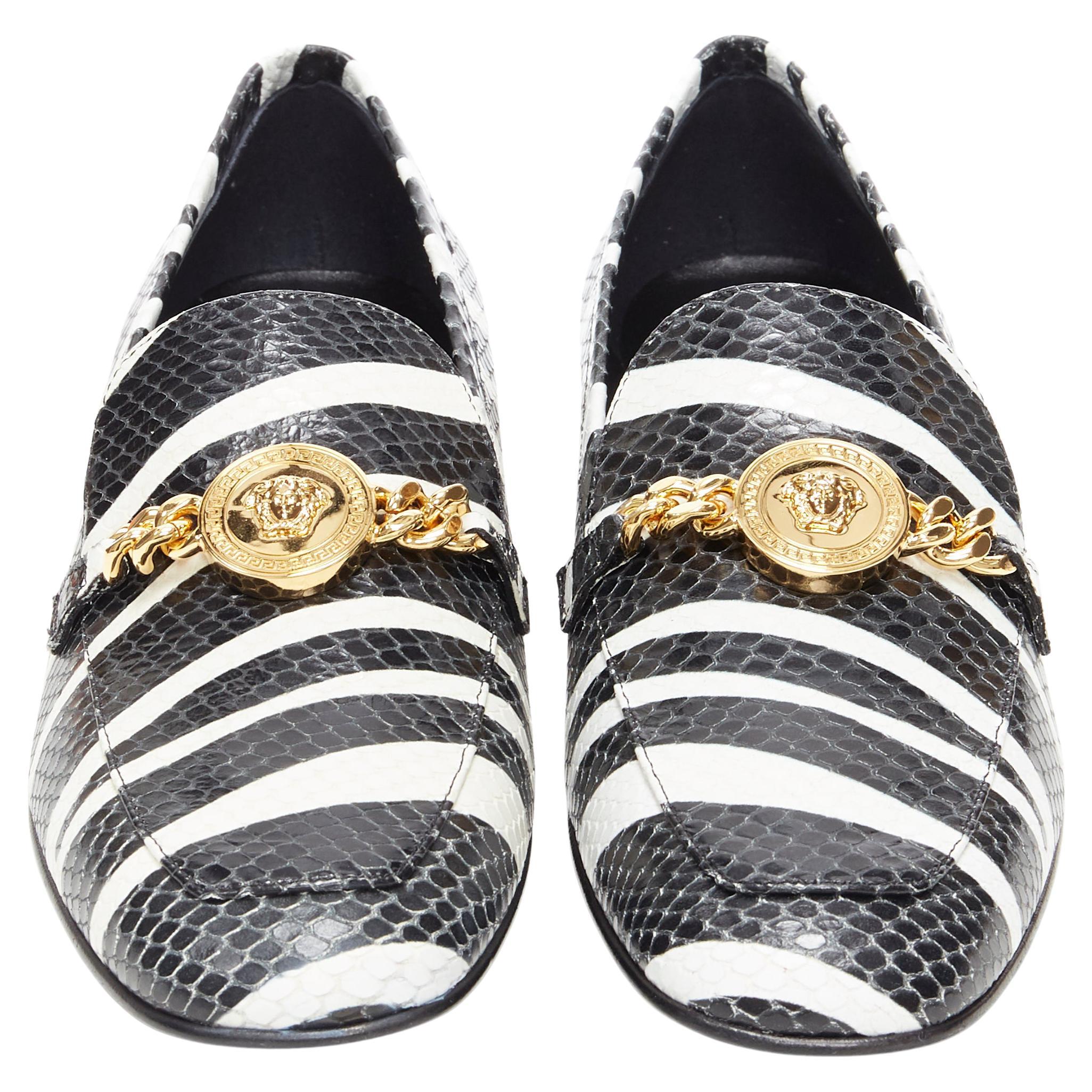 new VERSACE AW19 zebra print scaled calf leather gold Medusa chain loafer EU38