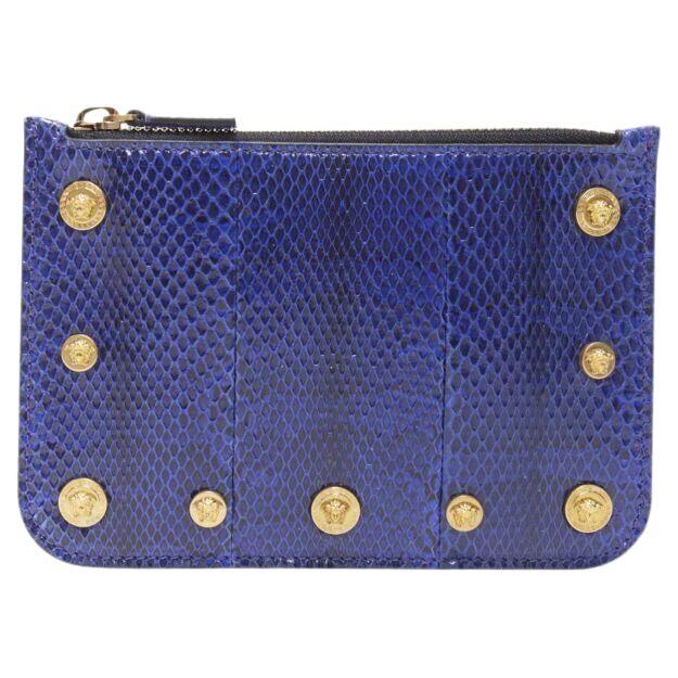 new VERSACE Ayers scaled leather gold Medusa stud bordered top zip pouch case For Sale