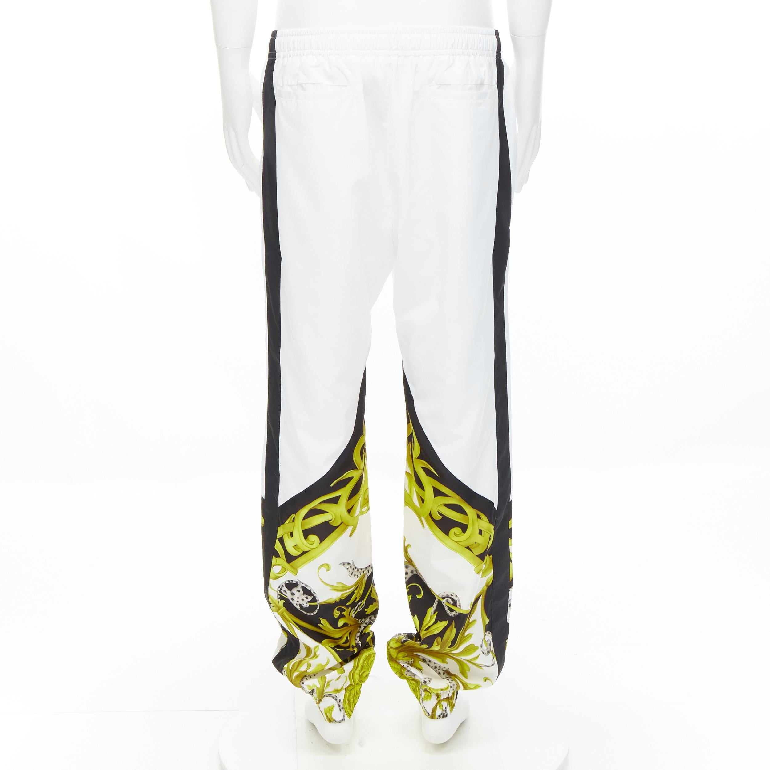 Men's new VERSACE Barocco Acanthus black gold baroque white nylon track pants IT54 XXL For Sale