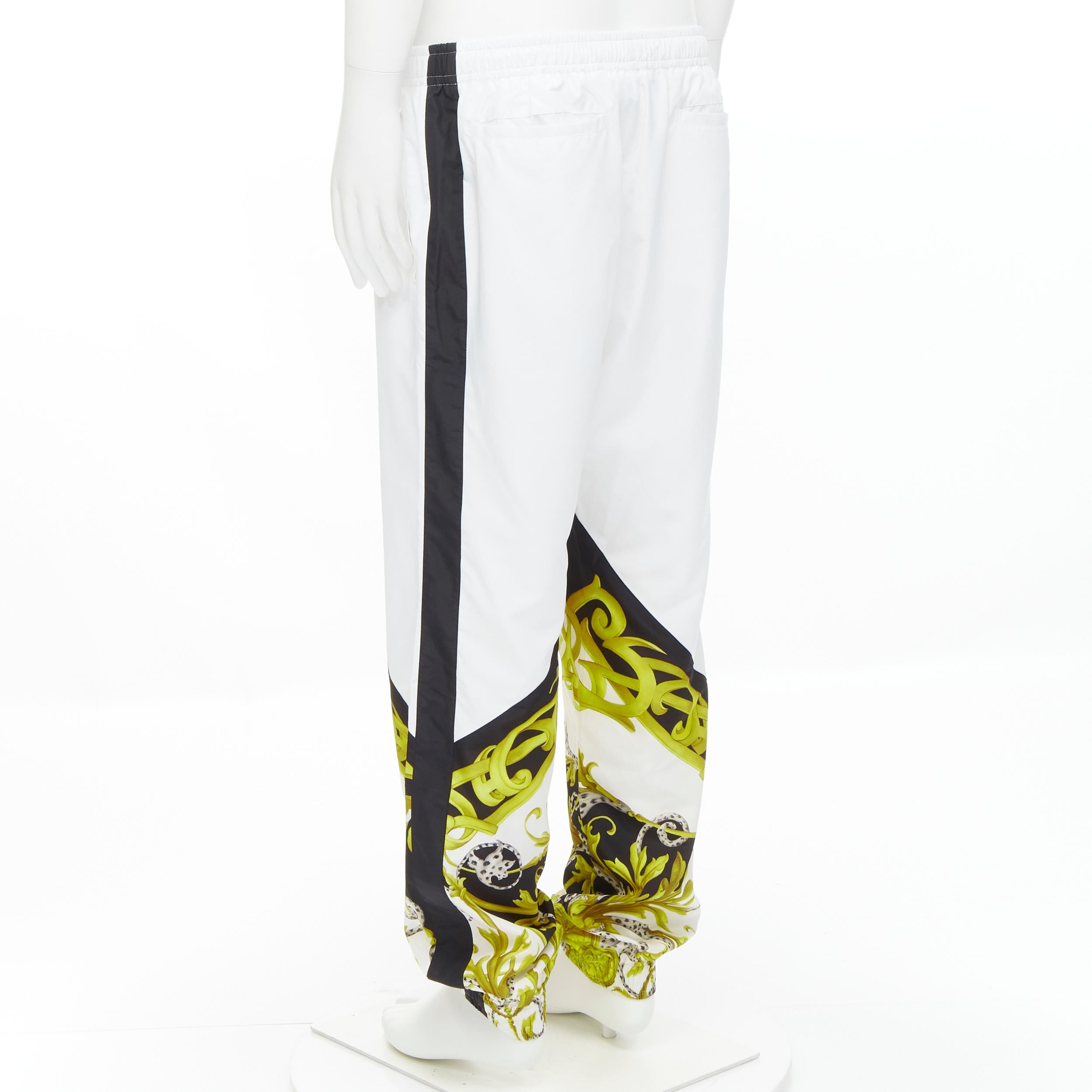 new VERSACE Barocco Acanthus black gold baroque white nylon track pants IT54 XXL For Sale 1