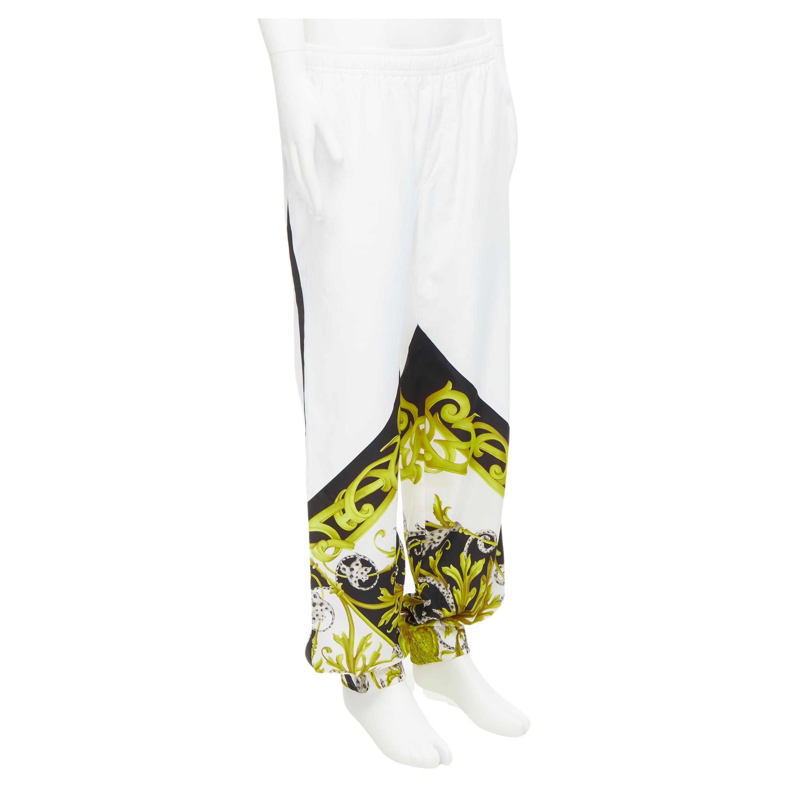 new VERSACE Barocco Acanthus black gold baroque white nylon track pants IT54 XXL For Sale