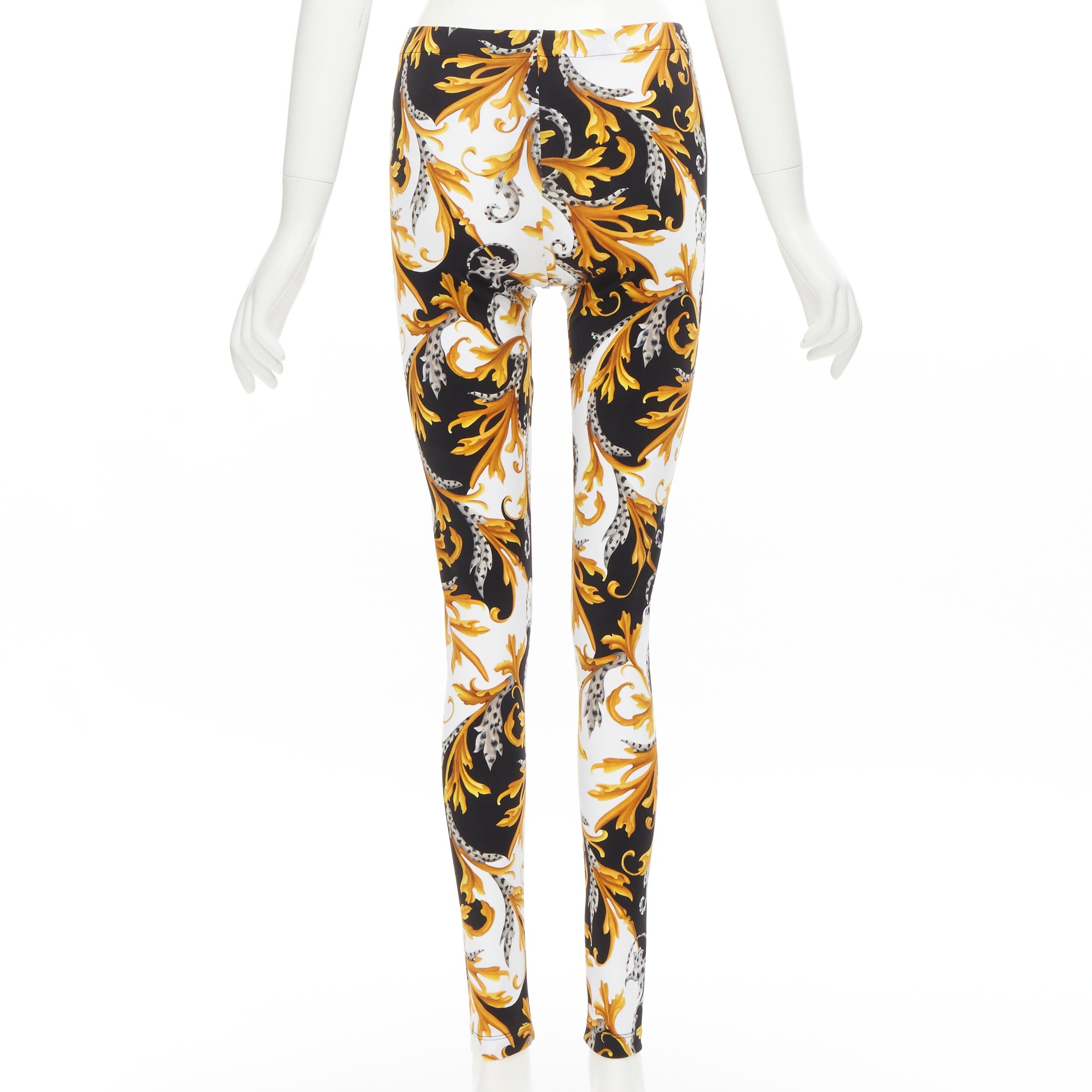 new VERSACE Barocco Acanthus black gold floral print stretchy leggings IT42 M 1