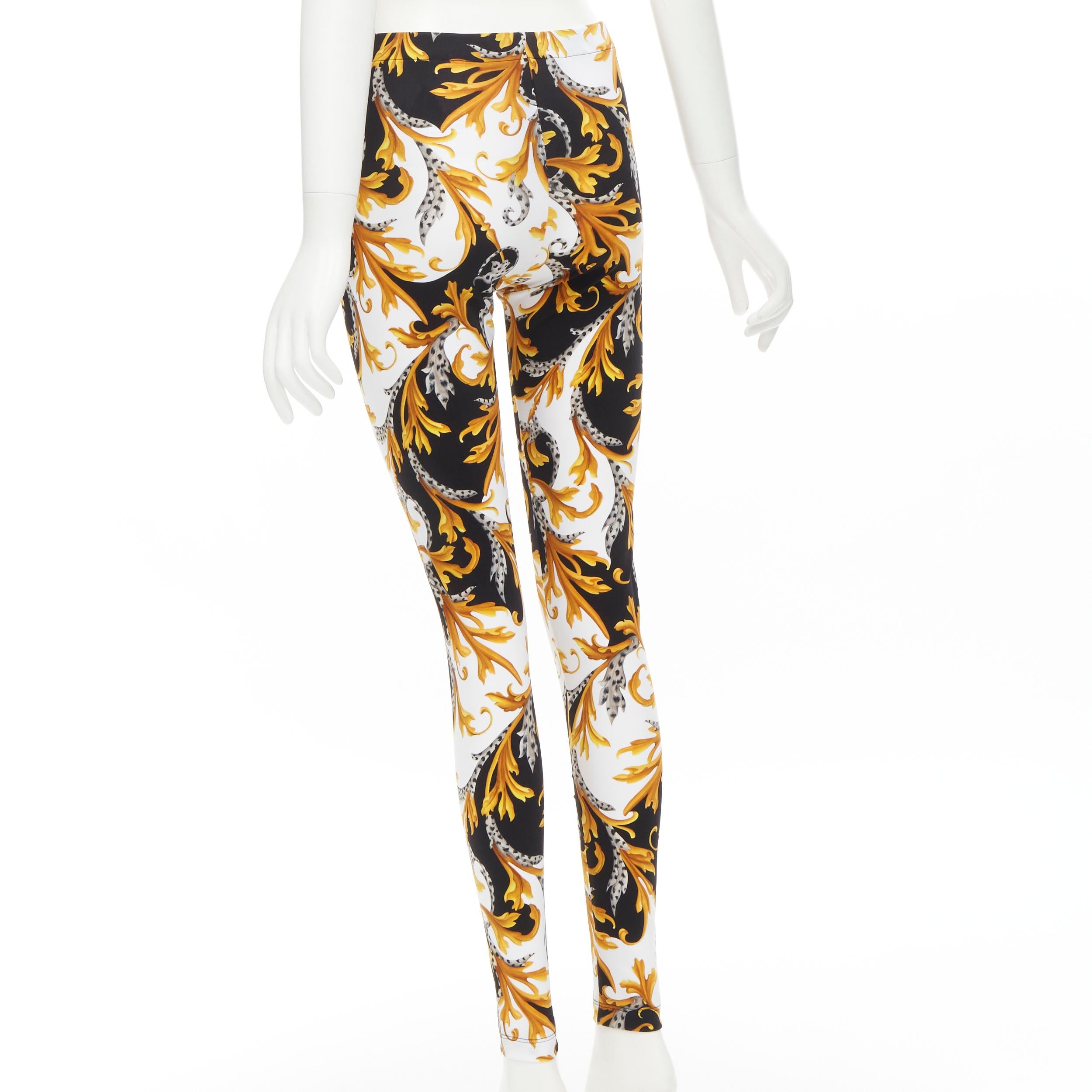 new VERSACE Barocco Acanthus black gold floral print stretchy leggings IT42 M 2
