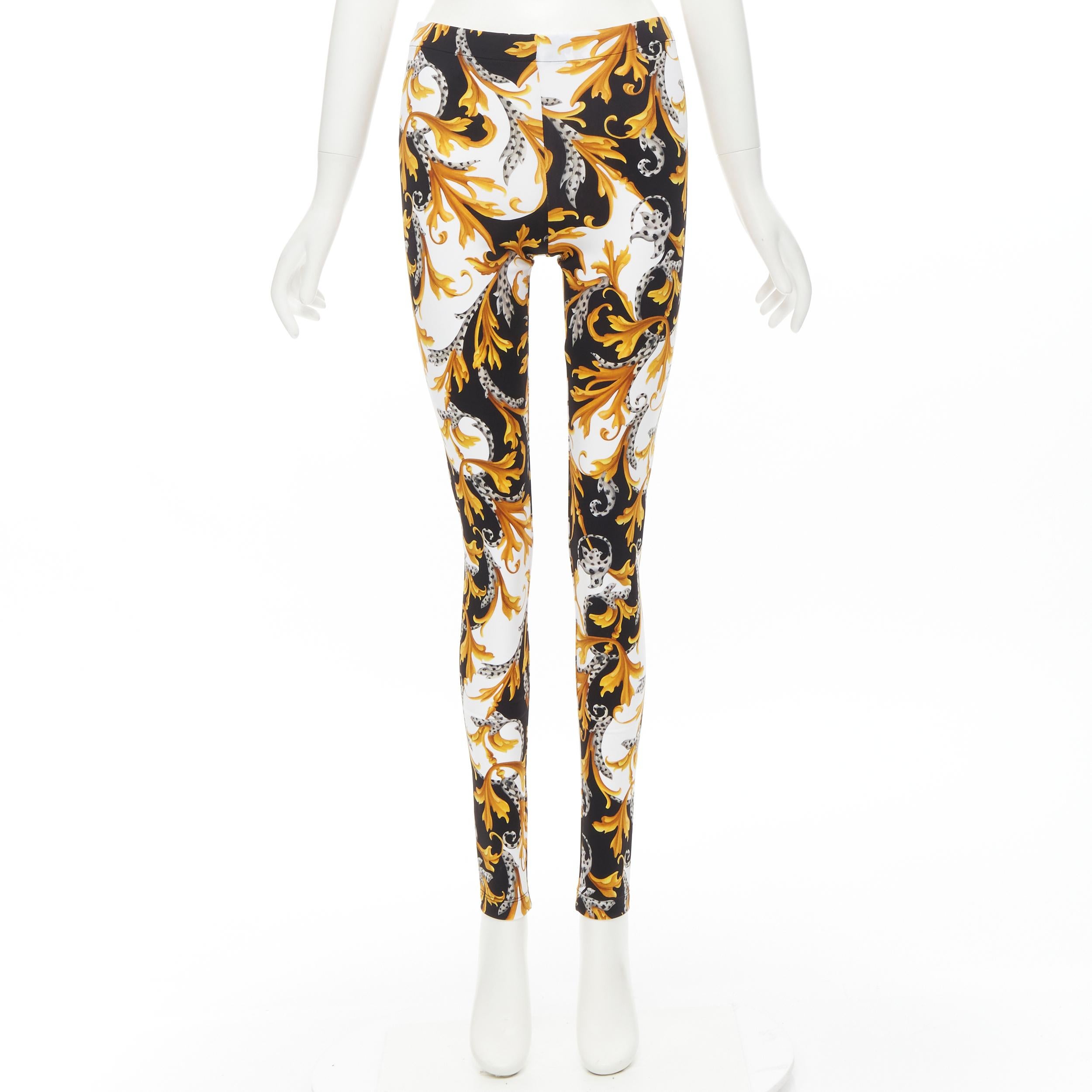 new VERSACE Barocco Acanthus black gold floral print stretchy leggings IT42 M 5