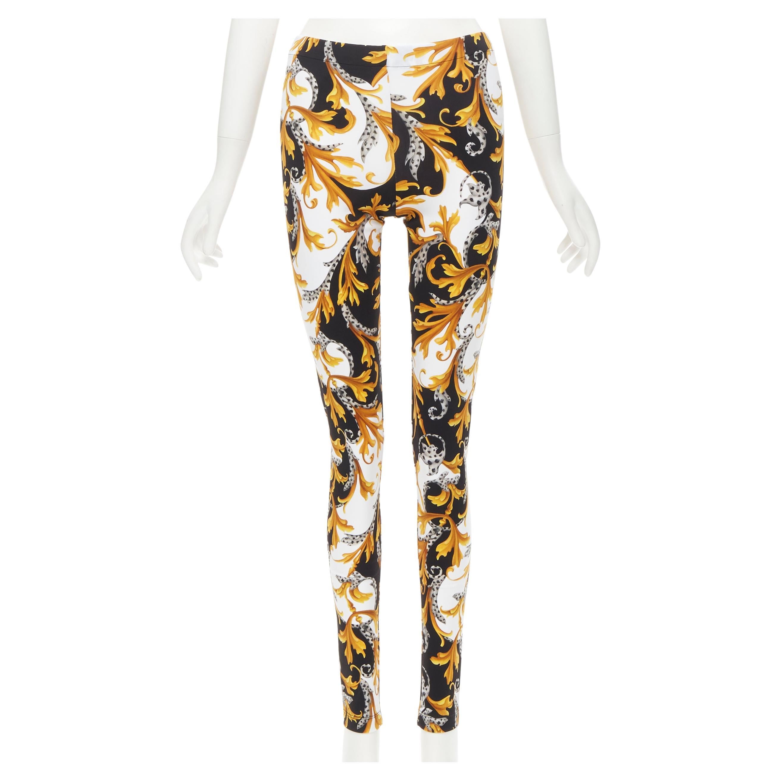new VERSACE Barocco Acanthus black gold floral print stretchy leggings IT42 M
