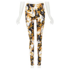 new VERSACE Barocco Acanthus black gold floral print stretchy leggings IT44 L