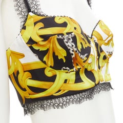 new VERSACE Barocco Acanthus black gold print lace trimmed bustier bra IT38 XS