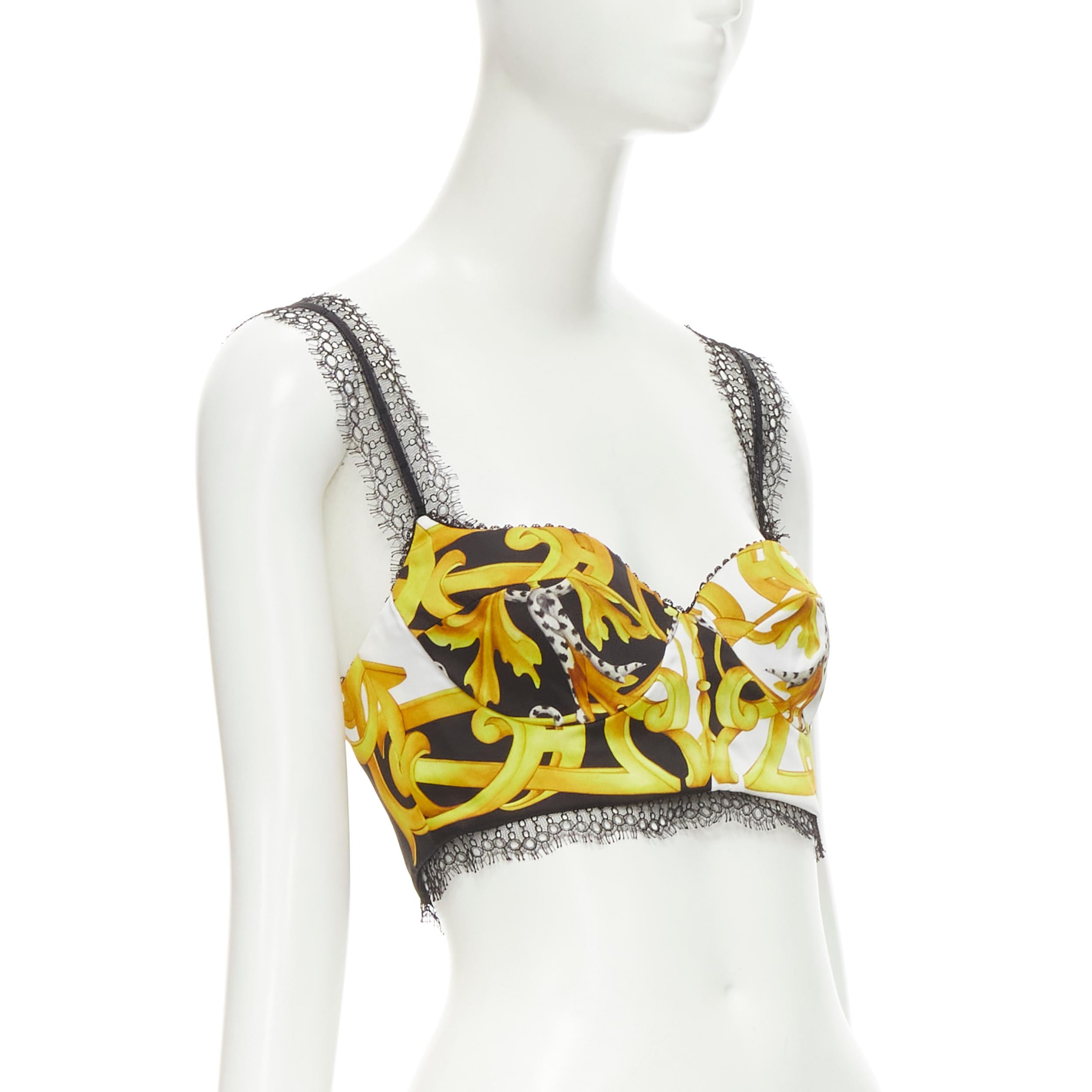 Gray new VERSACE Barocco Acanthus black gold print lace trimmed bustier bra IT38 XS For Sale