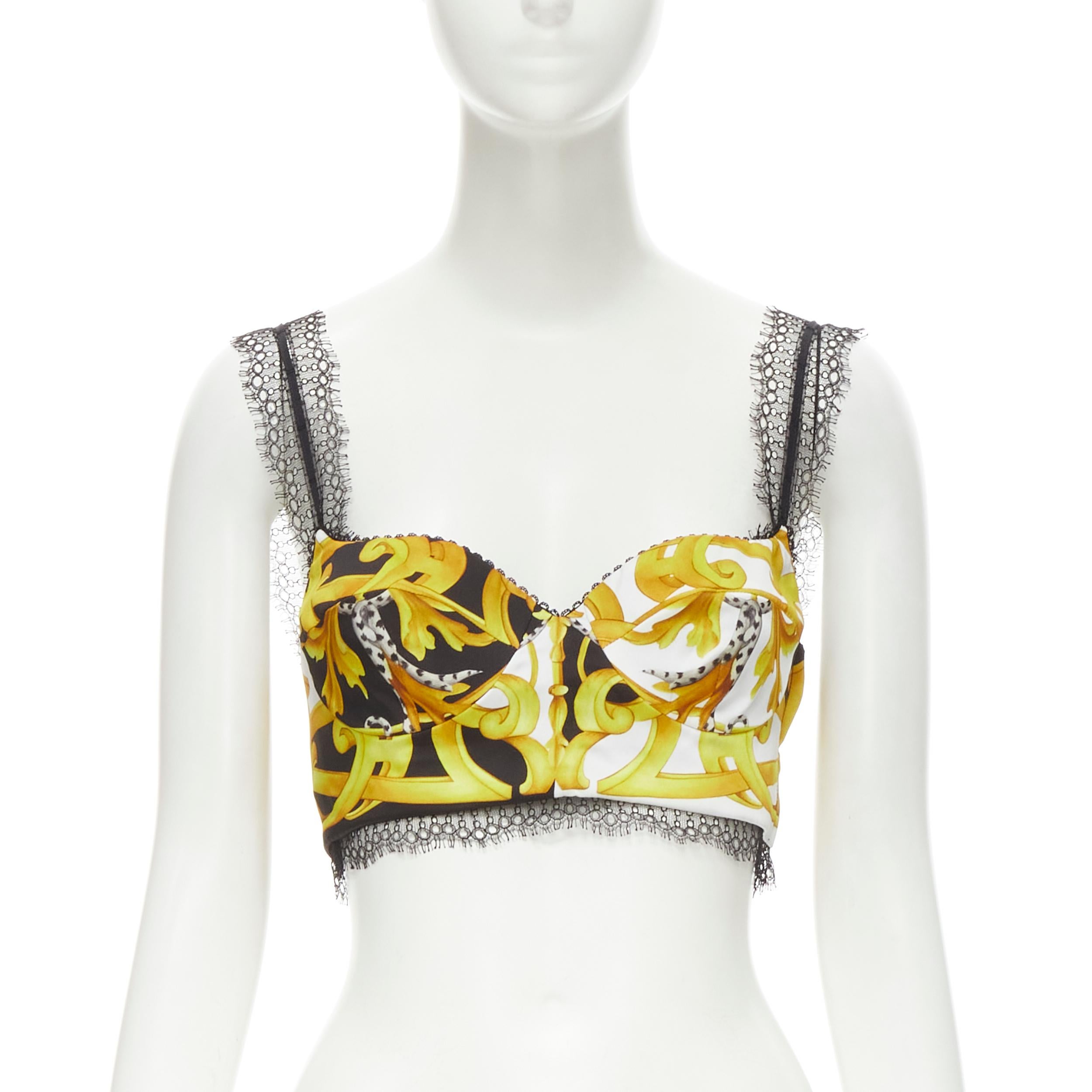 new VERSACE Barocco Acanthus black gold print lace trimmed bustier bra IT38 XS For Sale