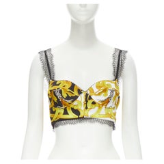 new VERSACE Barocco Acanthus black gold print lace trimmed bustier bra IT44 L
