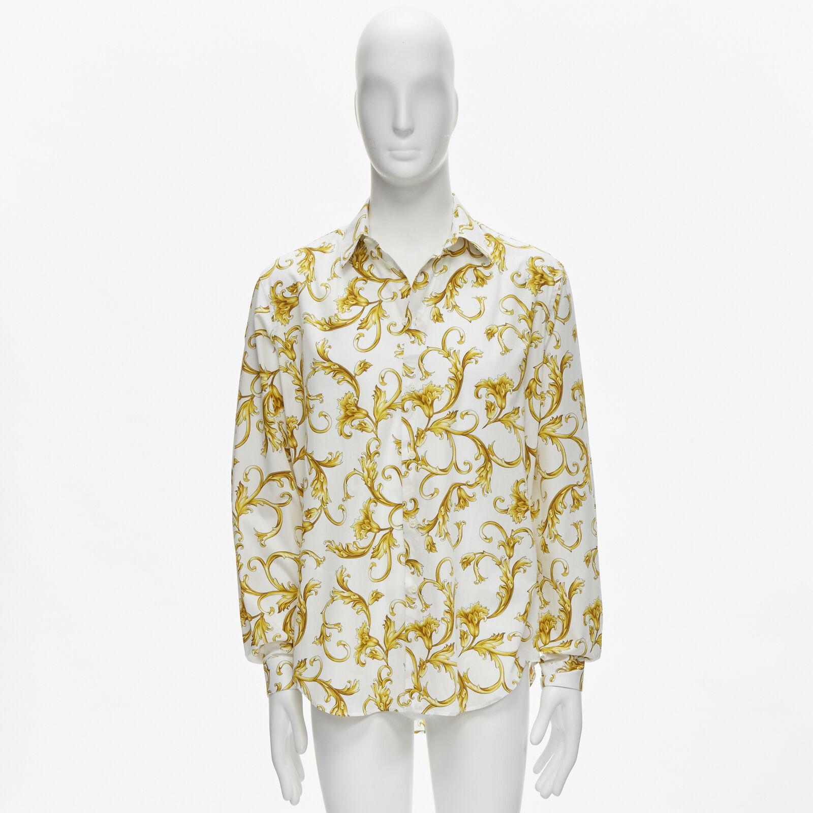 new VERSACE Barocco Rococo white gold floral leaf cotton shirt EU48 M / L For Sale 6