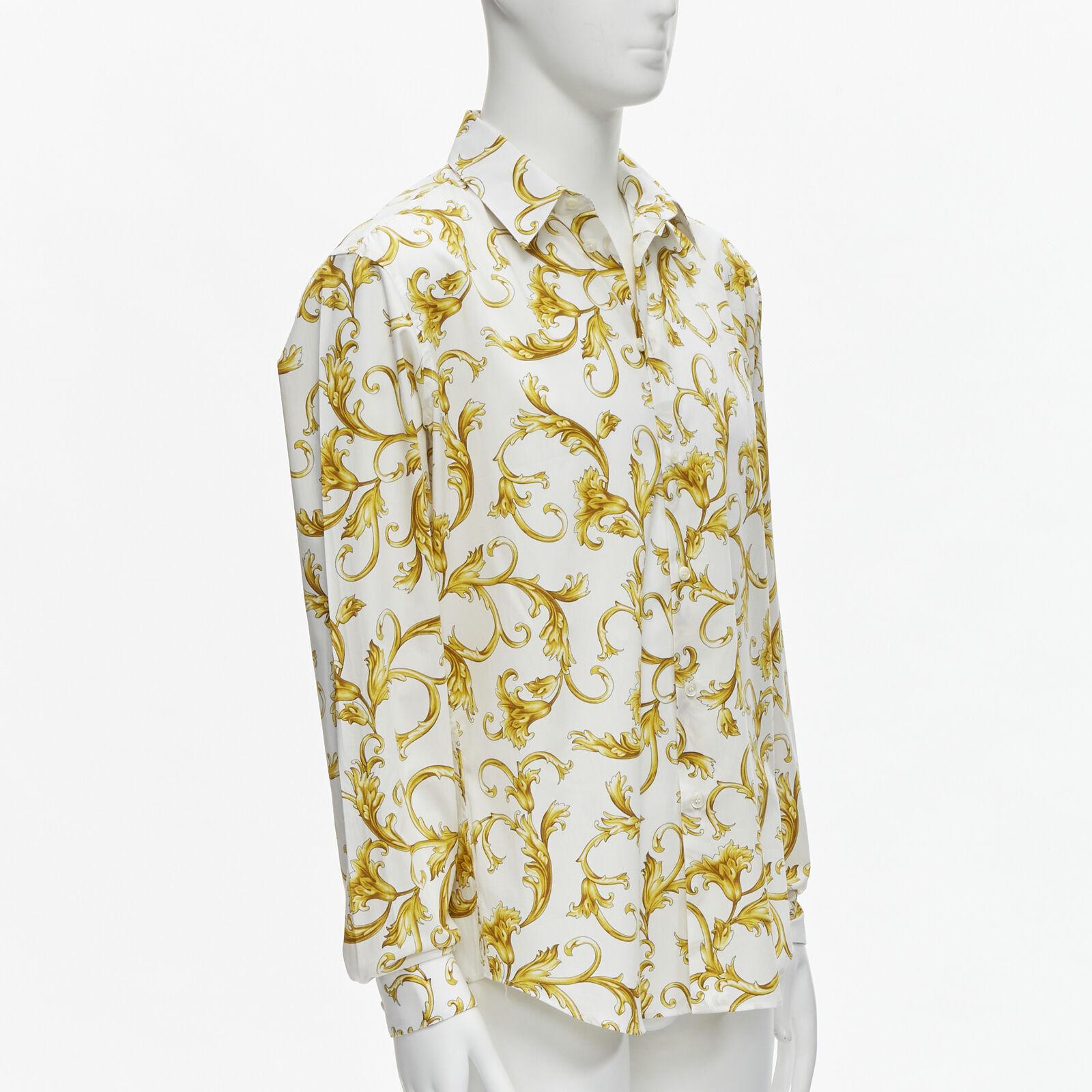 new VERSACE Barocco Rococo white gold floral leaf cotton shirt EU48 M / L In New Condition For Sale In Hong Kong, NT