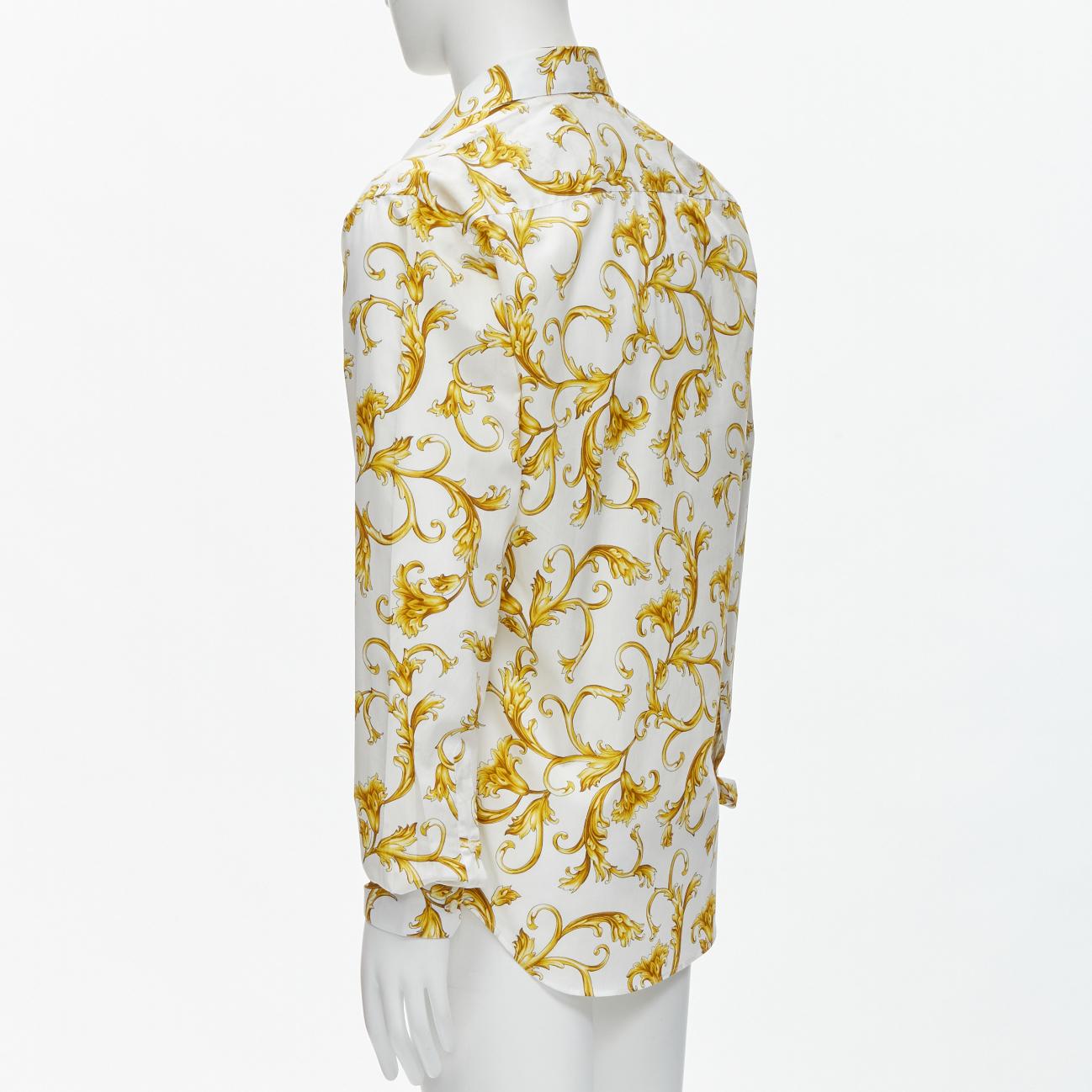 Men's new VERSACE Barocco Rococo white gold floral leaf print cotton shirt EU40 M For Sale