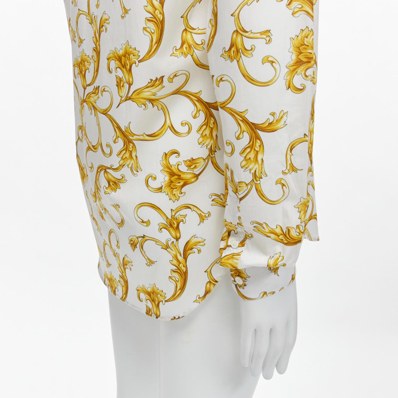 new VERSACE Barocco Rococo white gold floral leaf print cotton shirt EU40 M For Sale 2