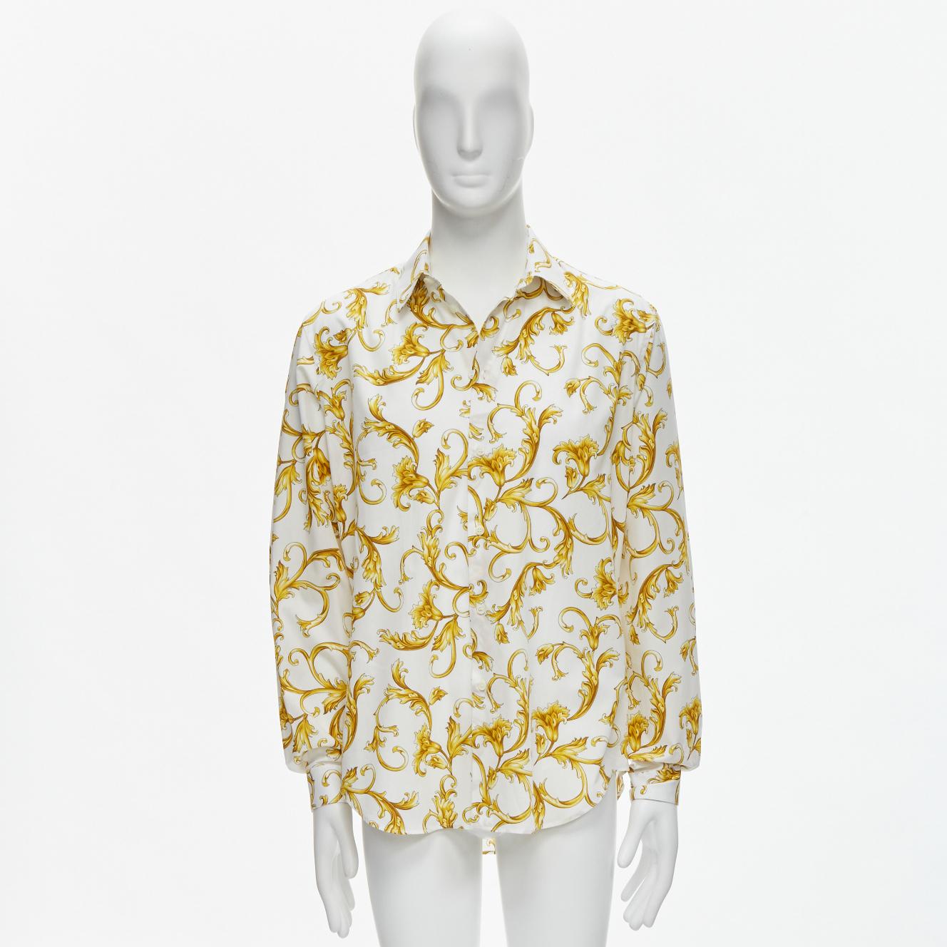 new VERSACE Barocco Rococo white gold floral leaf print cotton shirt EU40 M For Sale 3