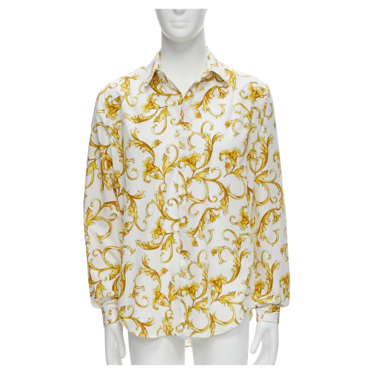 new VERSACE Barocco Rococo white gold floral leaf print cotton shirt EU40 M For Sale