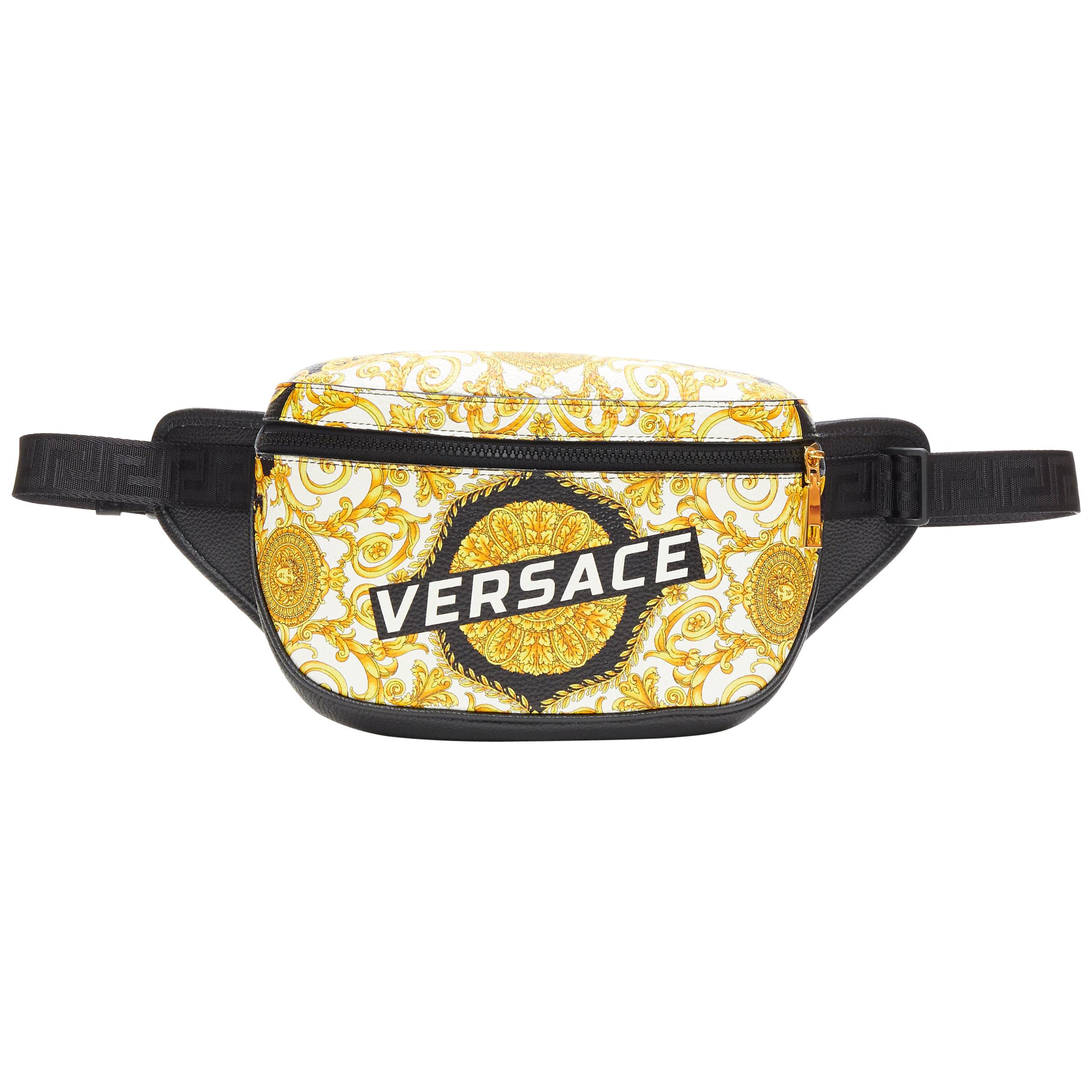new VERSACE Baroque Box Logo black gold print leather crossbody waist belt bag