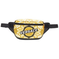 Neu VERSACE Barock Box Logo Schwarz Gold Druck Leder Crossbody Taille Gürteltasche