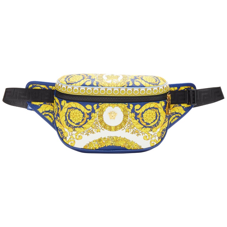 new VERSACE Baroque Medusa blue gold print calf leather crossbody waist  belt bag at 1stDibs