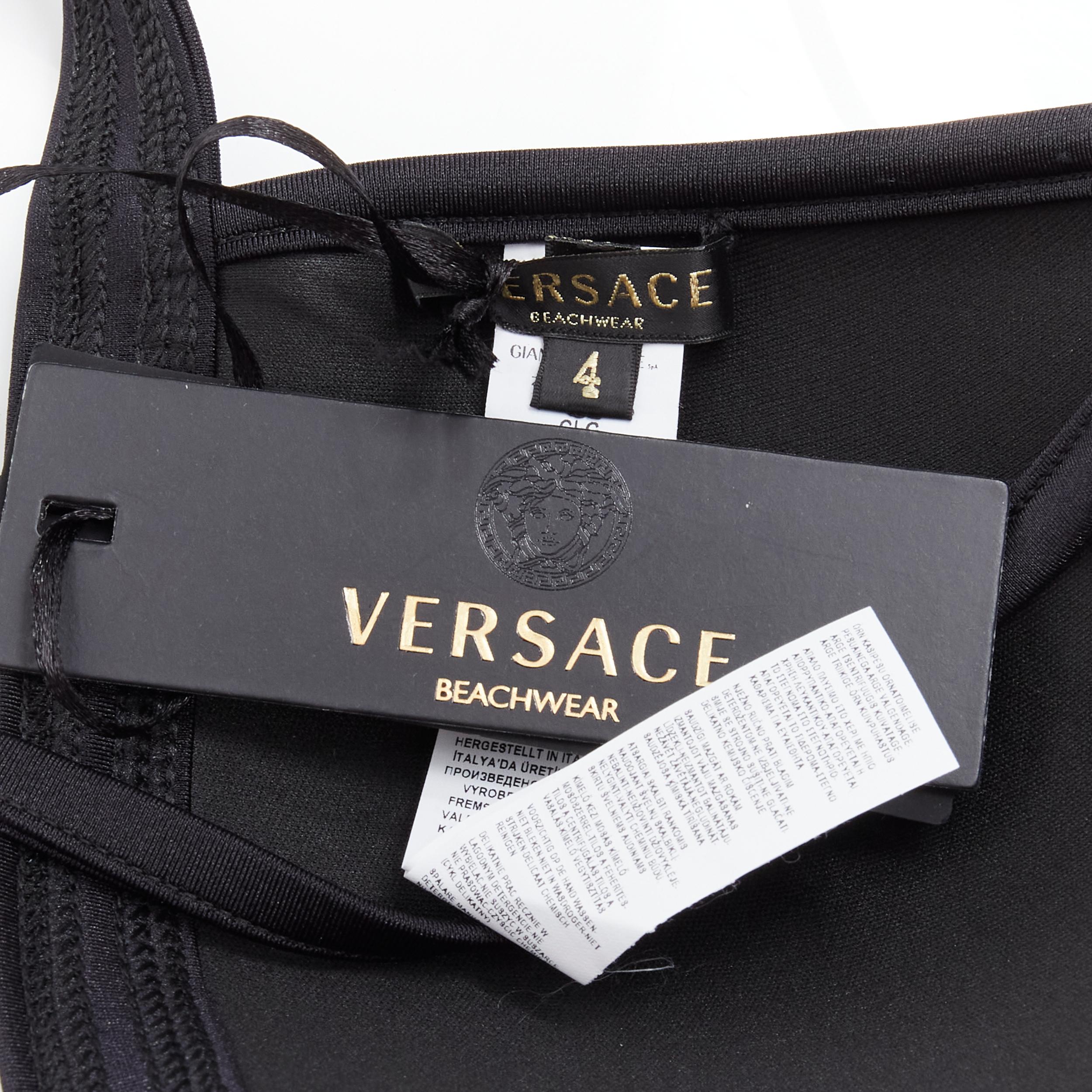 Women's new VERSACE Beachwear black padded gold Medusa button triangle bikini top Sz.4 M For Sale