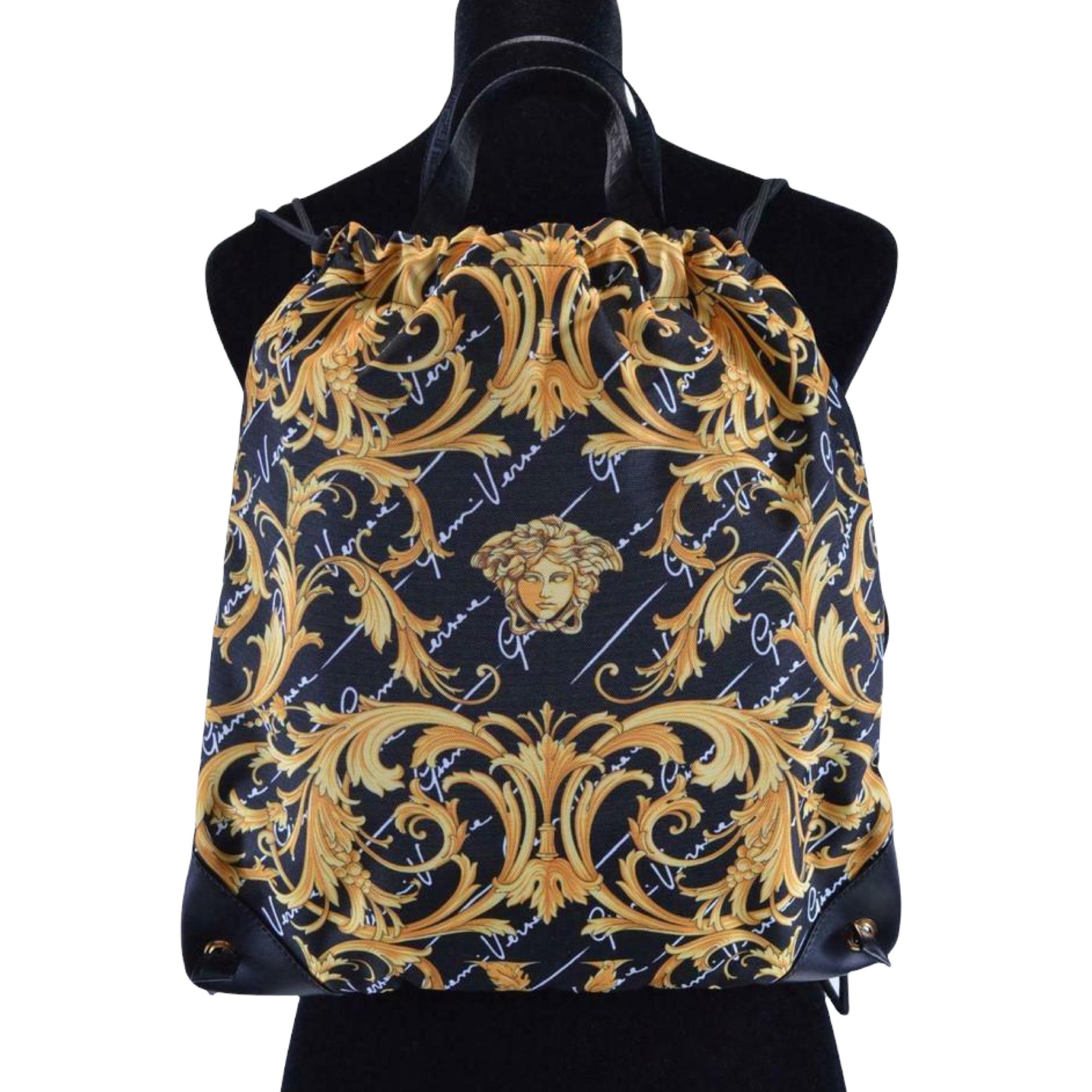 NEW Versace Black Baroque Medusa Head Drawstring Nylon Backpack Rucksack Bag For Sale 7