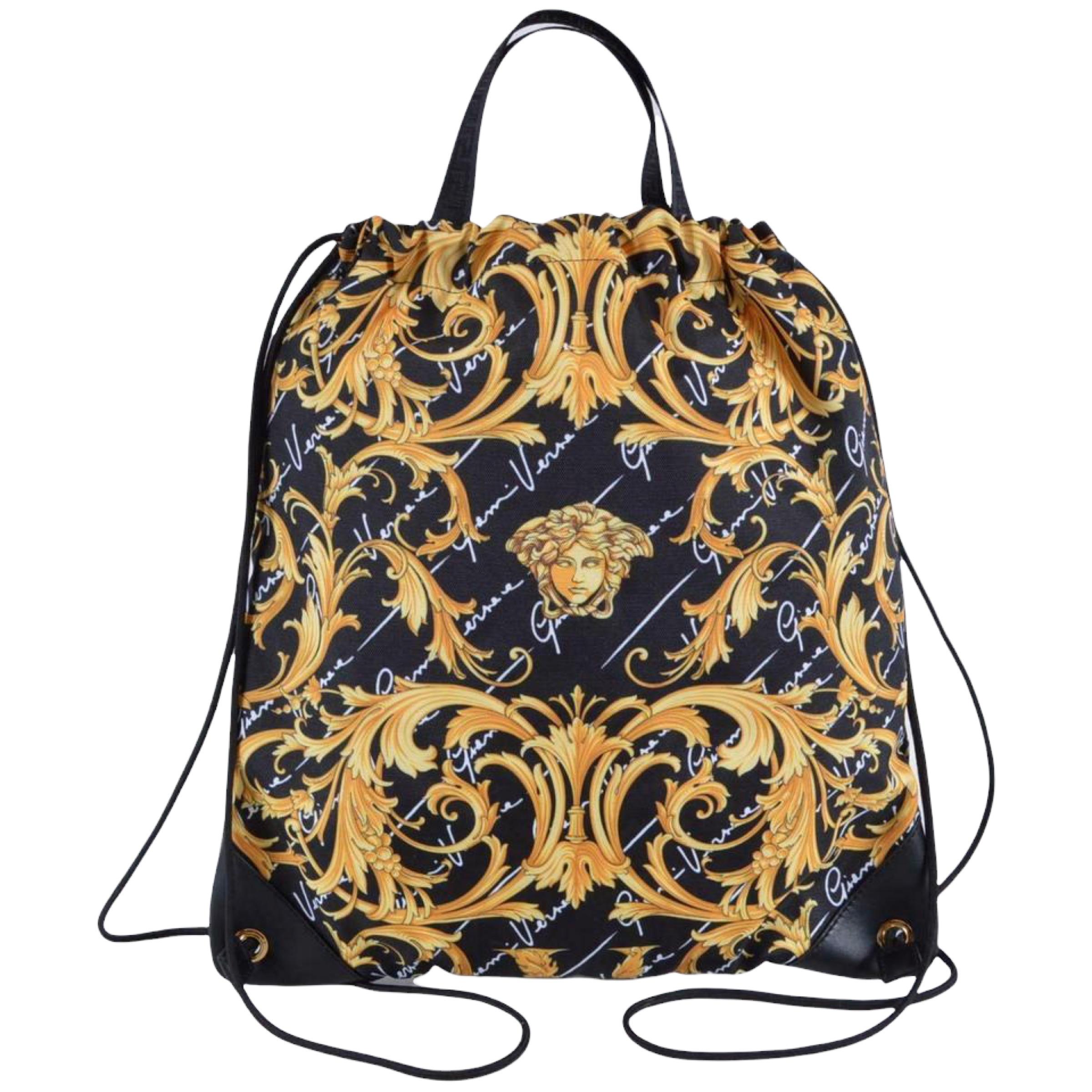 Women's or Men's NEW Versace Black Baroque Medusa Head Drawstring Nylon Backpack Rucksack Bag For Sale