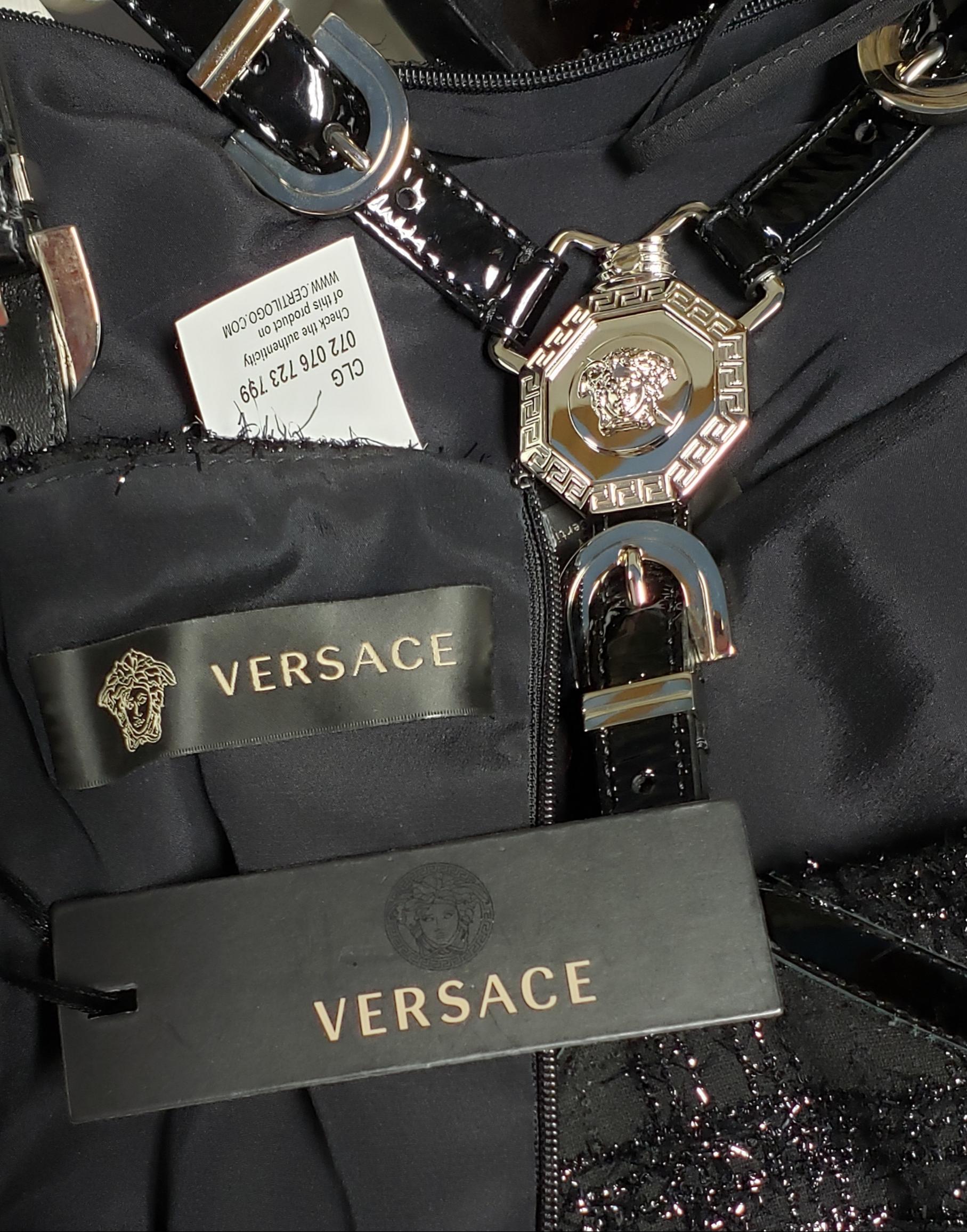 New Versace Black Body-con Bondage Dress with Patent Leather Detail For Sale 8