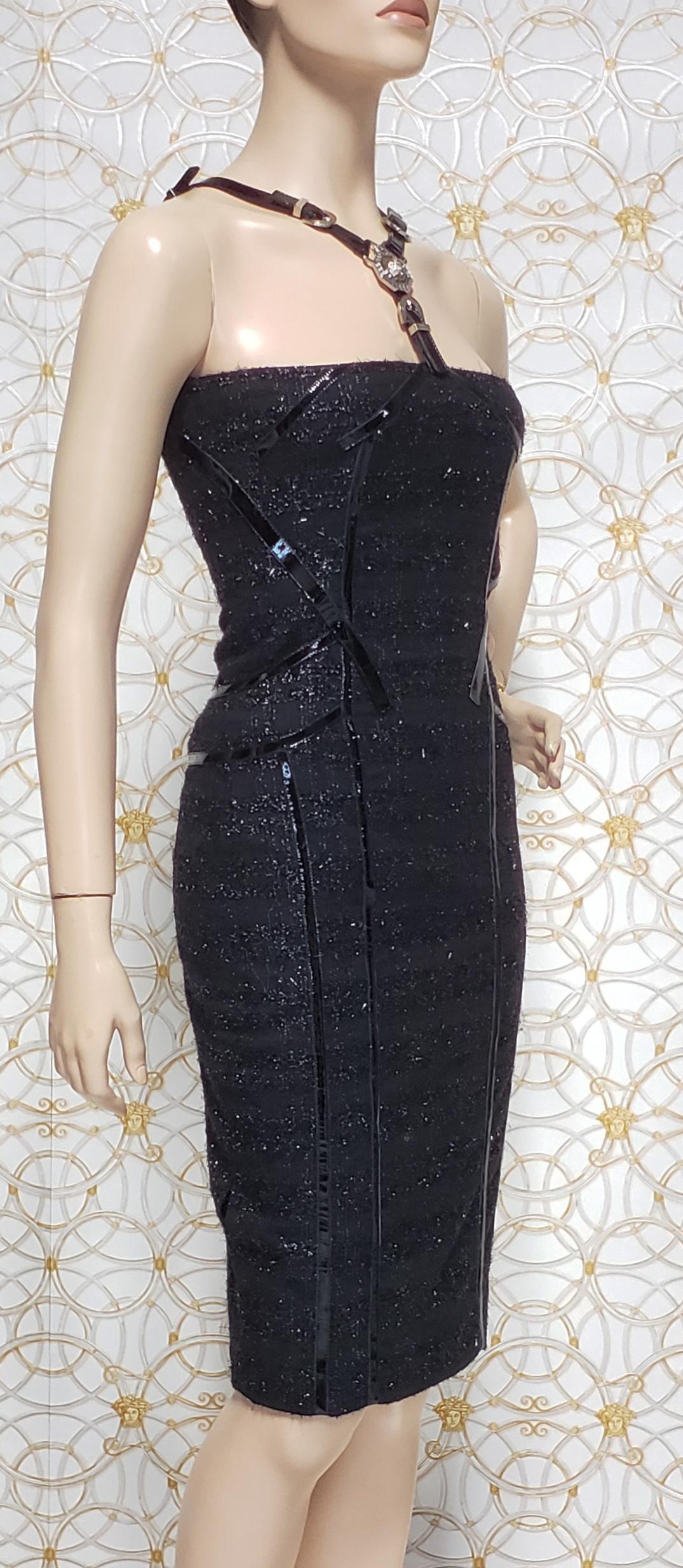 New Versace Black Body-con Bondage Dress with Patent Leather Detail For Sale 4