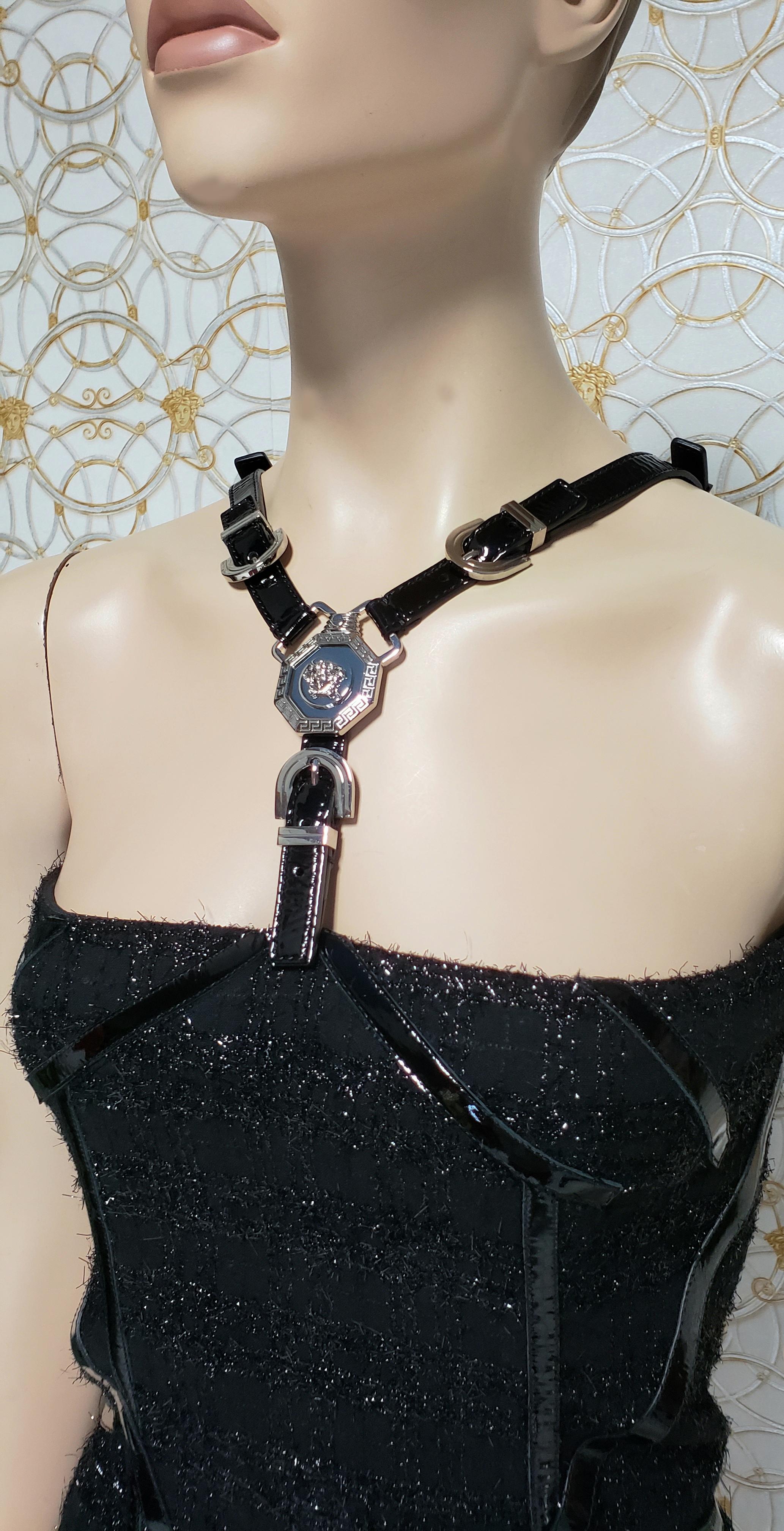 New Versace Black Body-con Bondage Dress with Patent Leather Detail For Sale 5