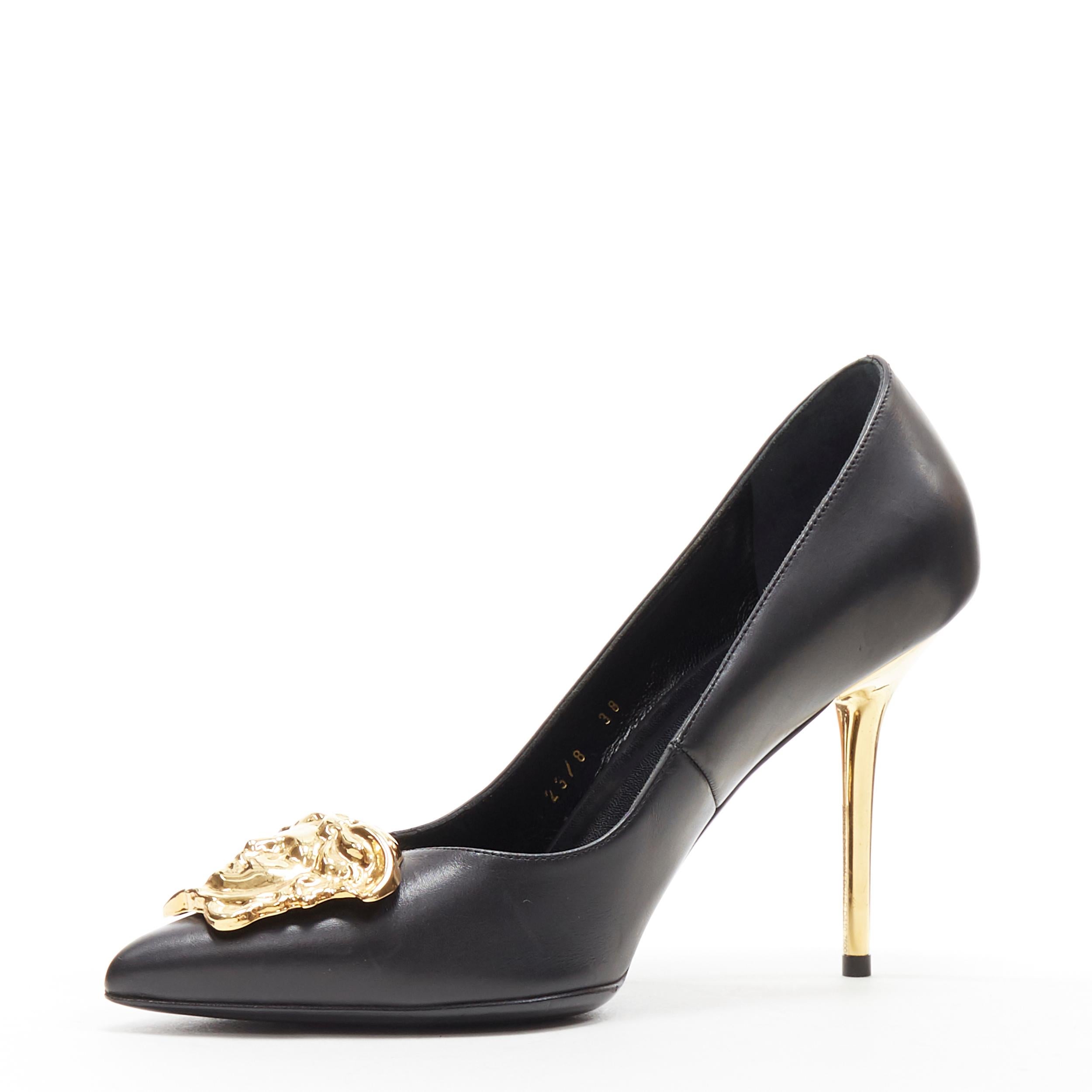 Women's new VERSACE black calf leather champagne gold Medusa pointy pigalle pump EU39