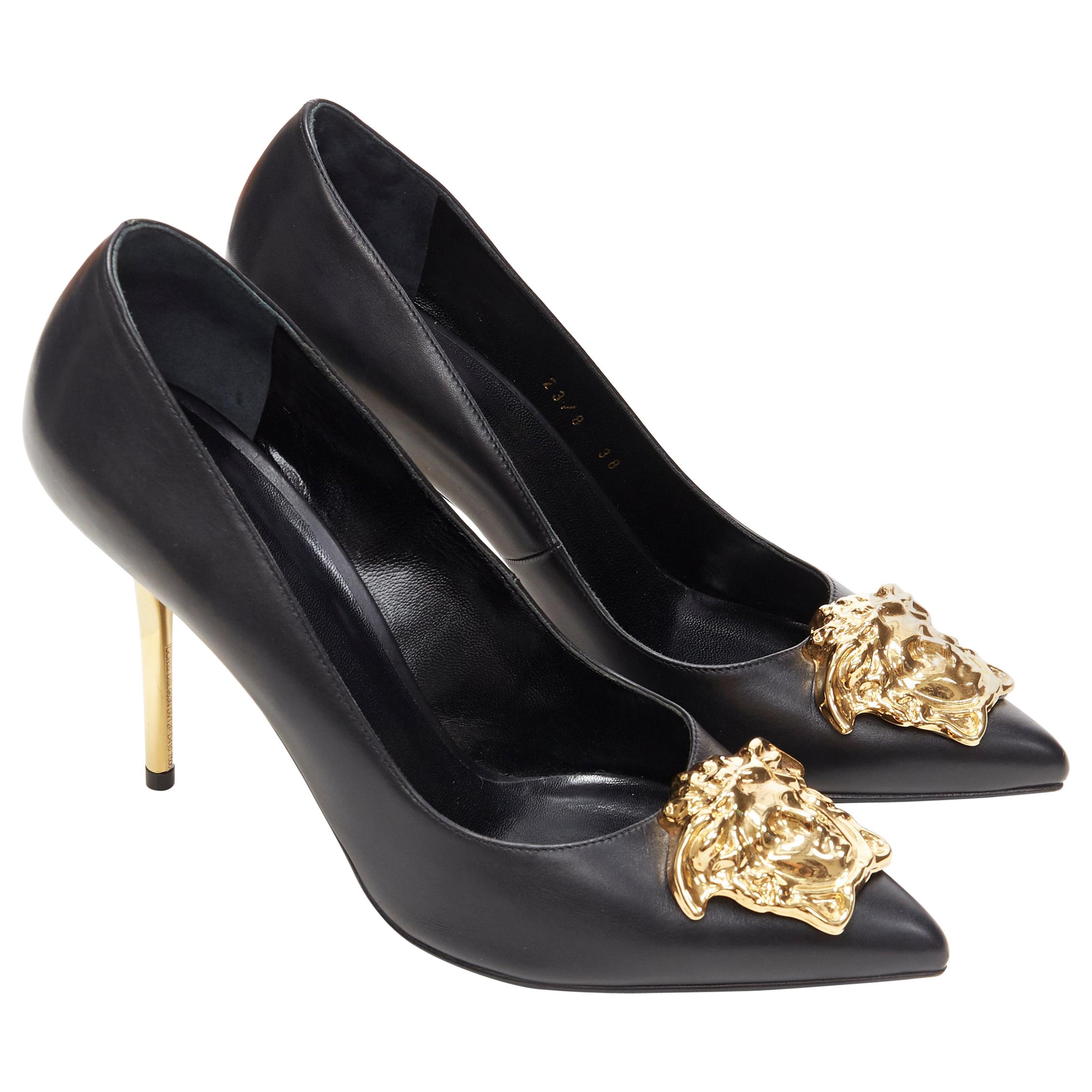 new VERSACE black calf leather champagne gold Medusa pointy pigalle pump EU39