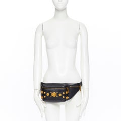new VERSACE black calf leather gold Medusa coin stud bondage strap waist bag