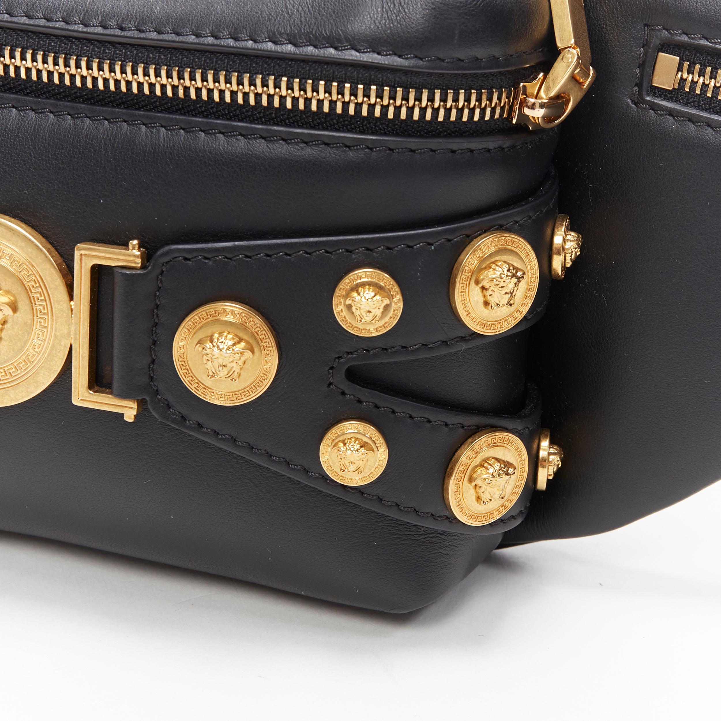 new VERSACE black calf leather gold Medusa coin stud bondage strap waist bag 2