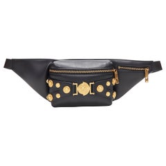 new VERSACE black calf leather gold Medusa coin stud bondage strap waist bag