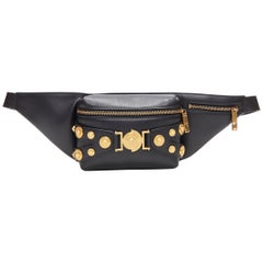 new VERSACE black calf leather gold Medusa coin stud bondage strap waist bag