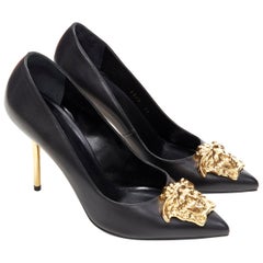 new VERSACE black calf leather gold Medusa metal heel pointy pigalle pump EU38