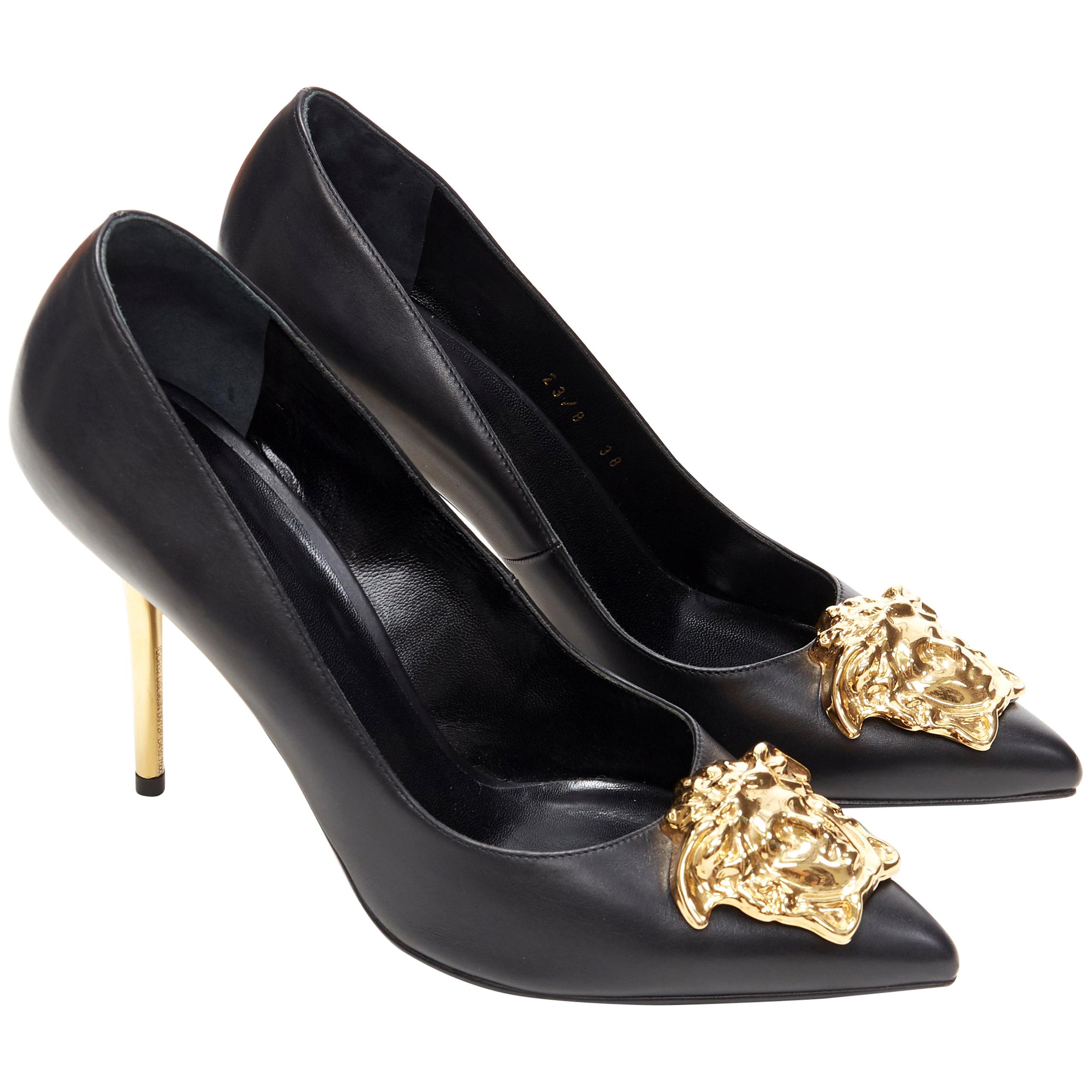 new VERSACE black calf leather gold Medusa metal heel pointy pigalle ...