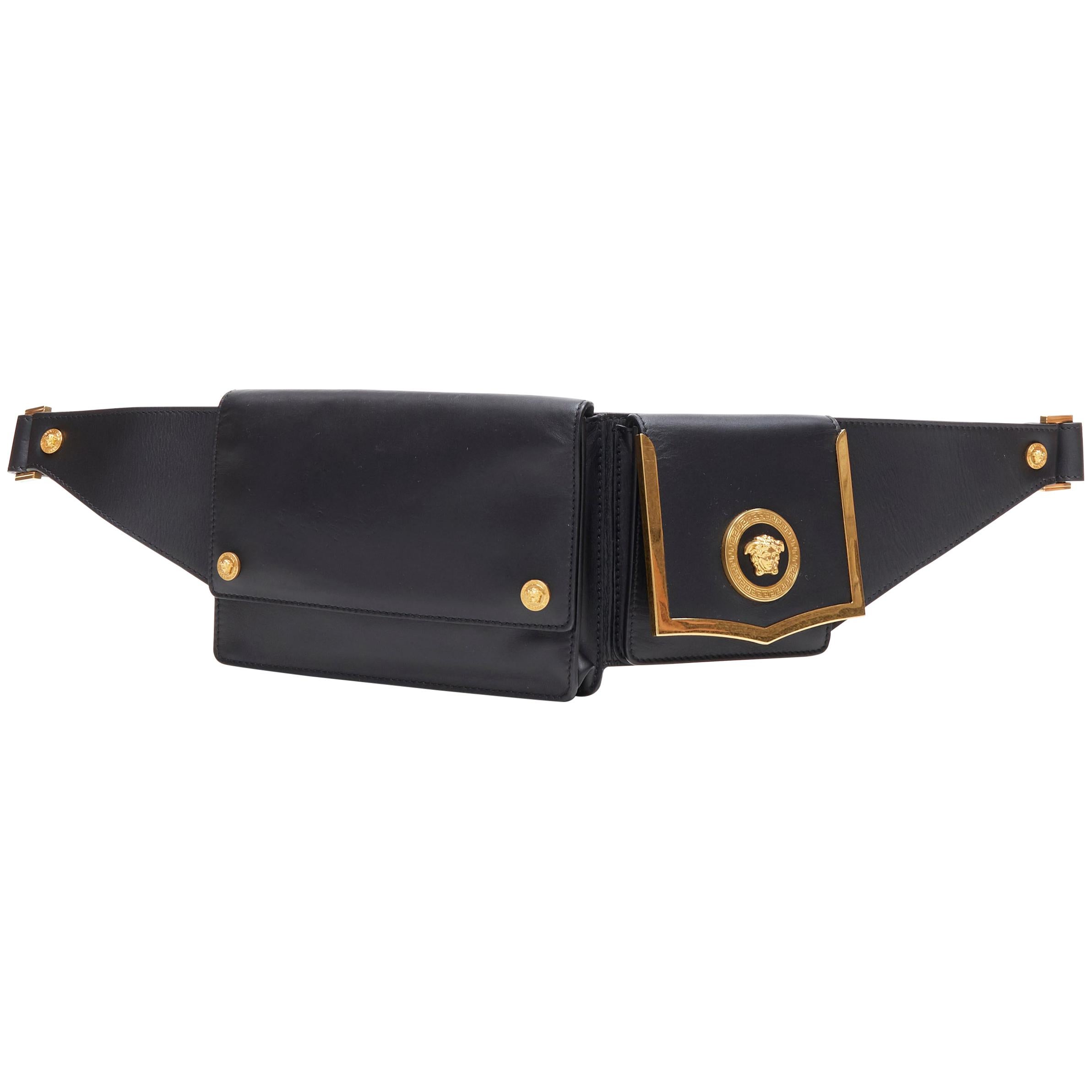 new VERSACE black calf leather gold Medusa stud dual flap pocket waist bag