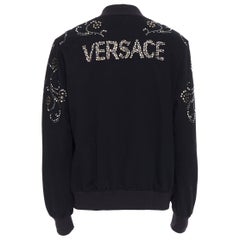 new VERSACE black cotton silver gold stud embellished logo back zip up sweater L