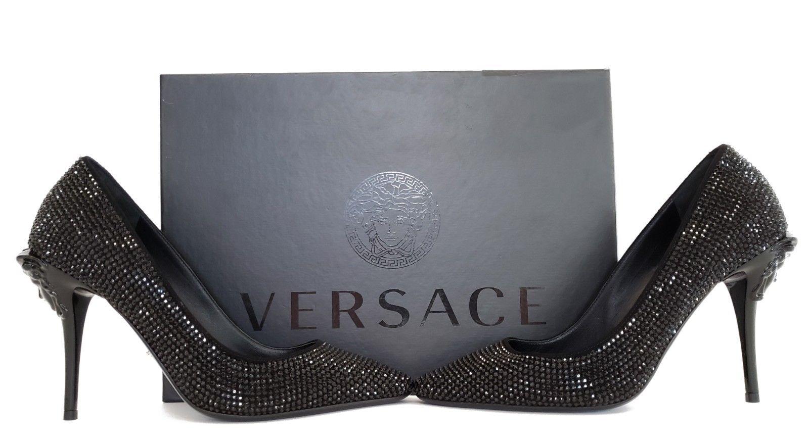 New VERSACE Black Crystal Palazzo Pumps Shoes 37 - 7 In New Condition For Sale In Montgomery, TX