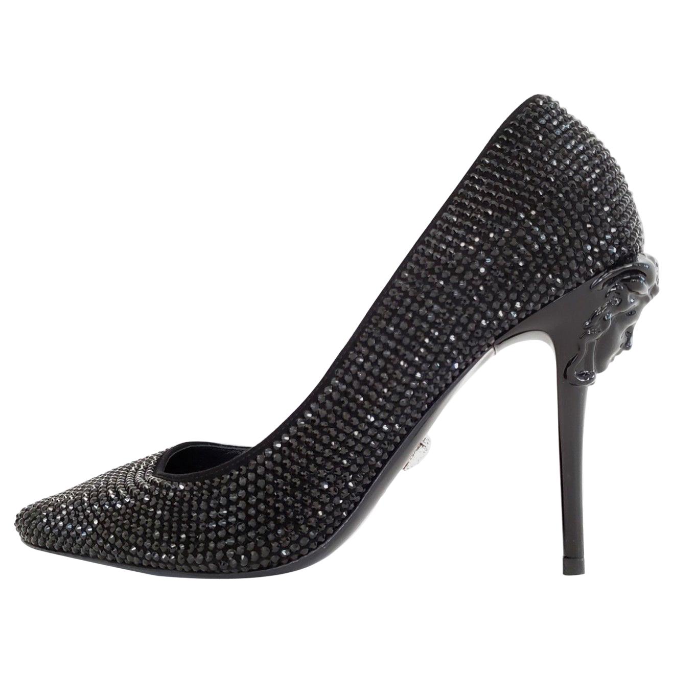 New VERSACE Black Crystal Palazzo Pumps Shoes 37 - 7 For Sale