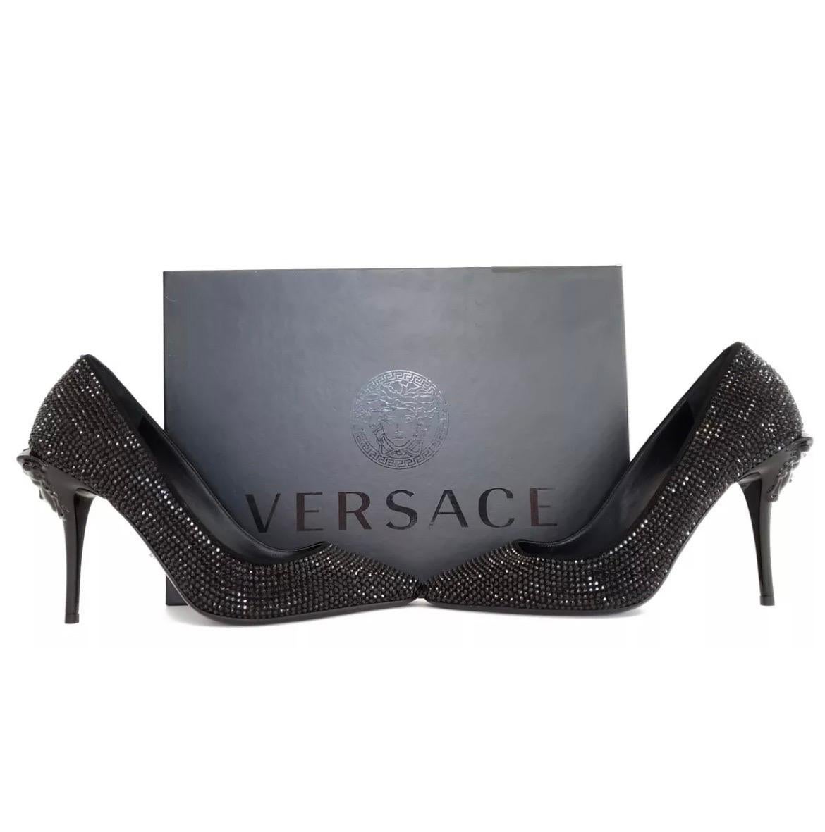 New Versace Black Crystal Palazzo Pumps Shoes Size 37 - 7 For Sale 1
