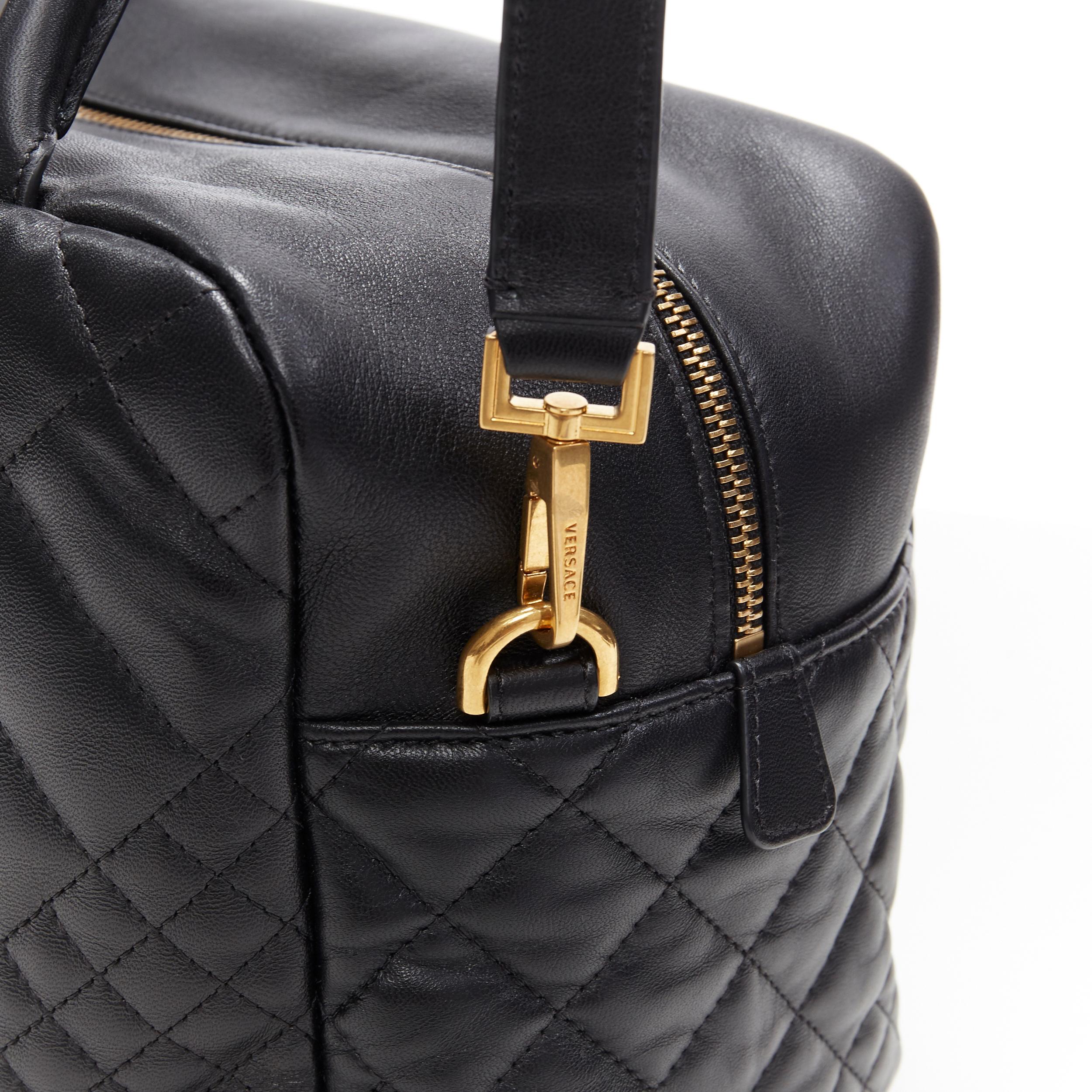 Women's new VERSACE black diamond quilted lamb leather medusa large bowling bag satchel