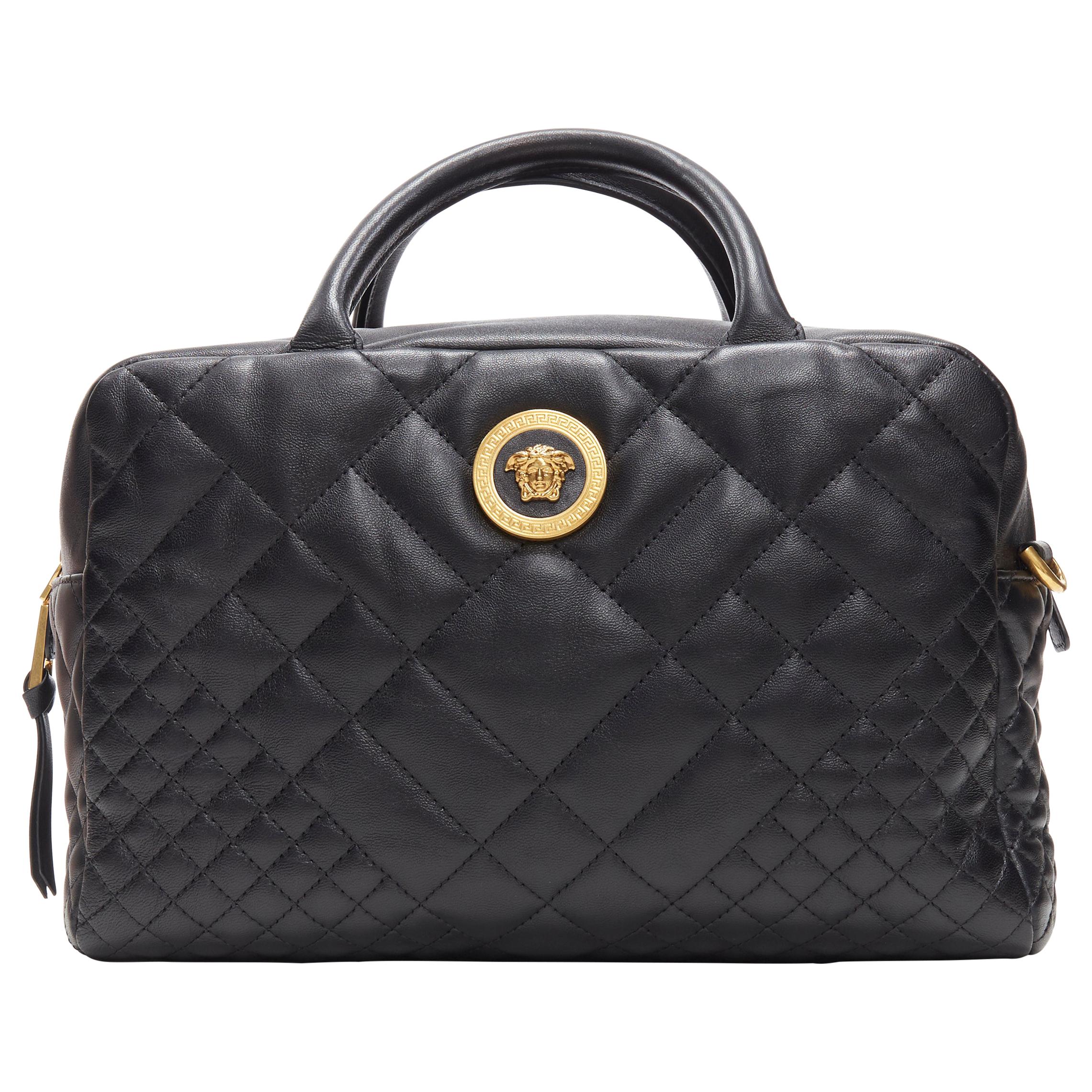 new VERSACE black diamond quilted lamb leather medusa large bowling bag satchel