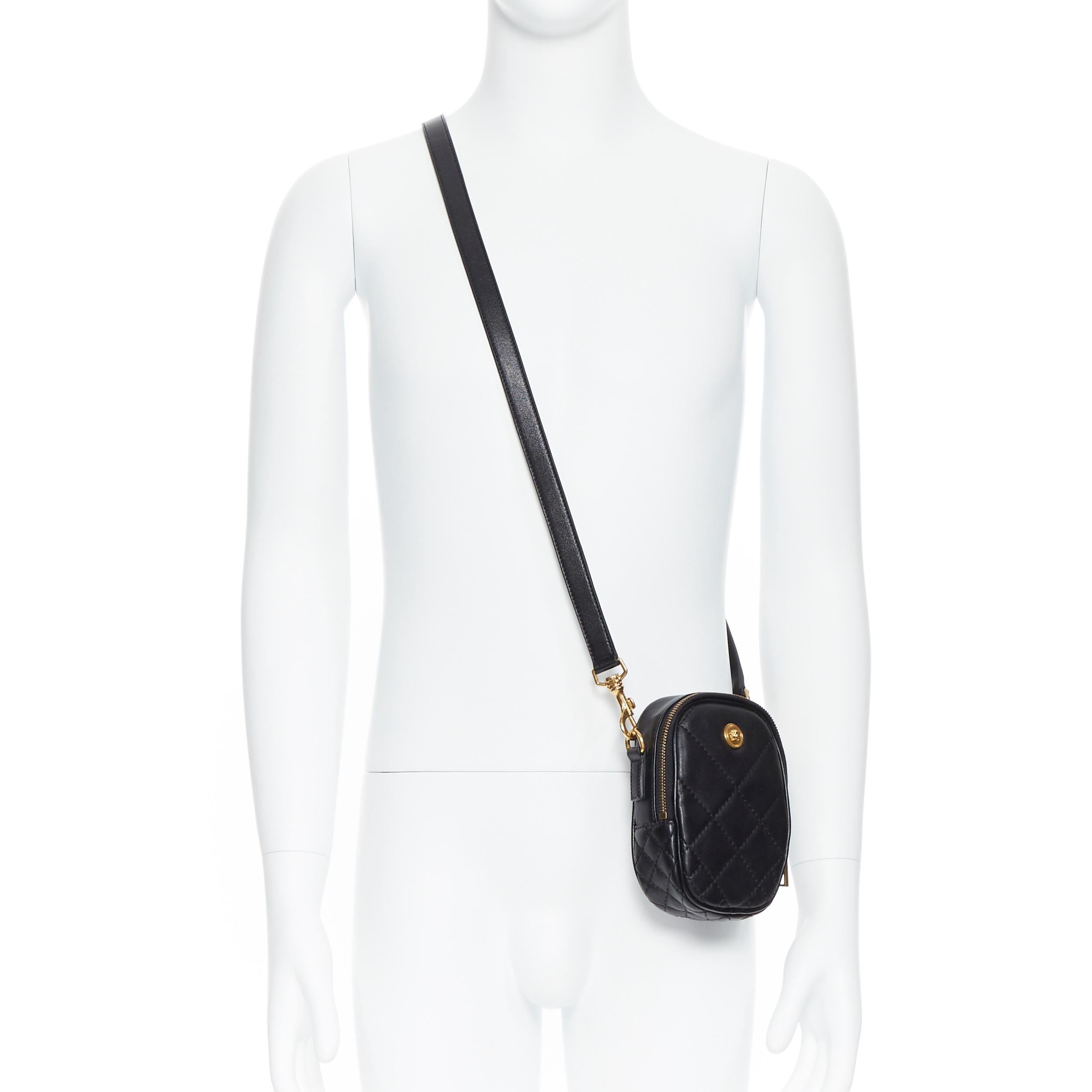 new VERSACE black diamond quilted lamb leather medusa small crossbody belt bag 
Reference: TGAS/A04993 
Brand: Versace 
Designer: Donatella Versace 
Model: Belt bag 
Collection: Fall Winter 2019 
Material: Leather 
Color: Black 
Pattern: Solid